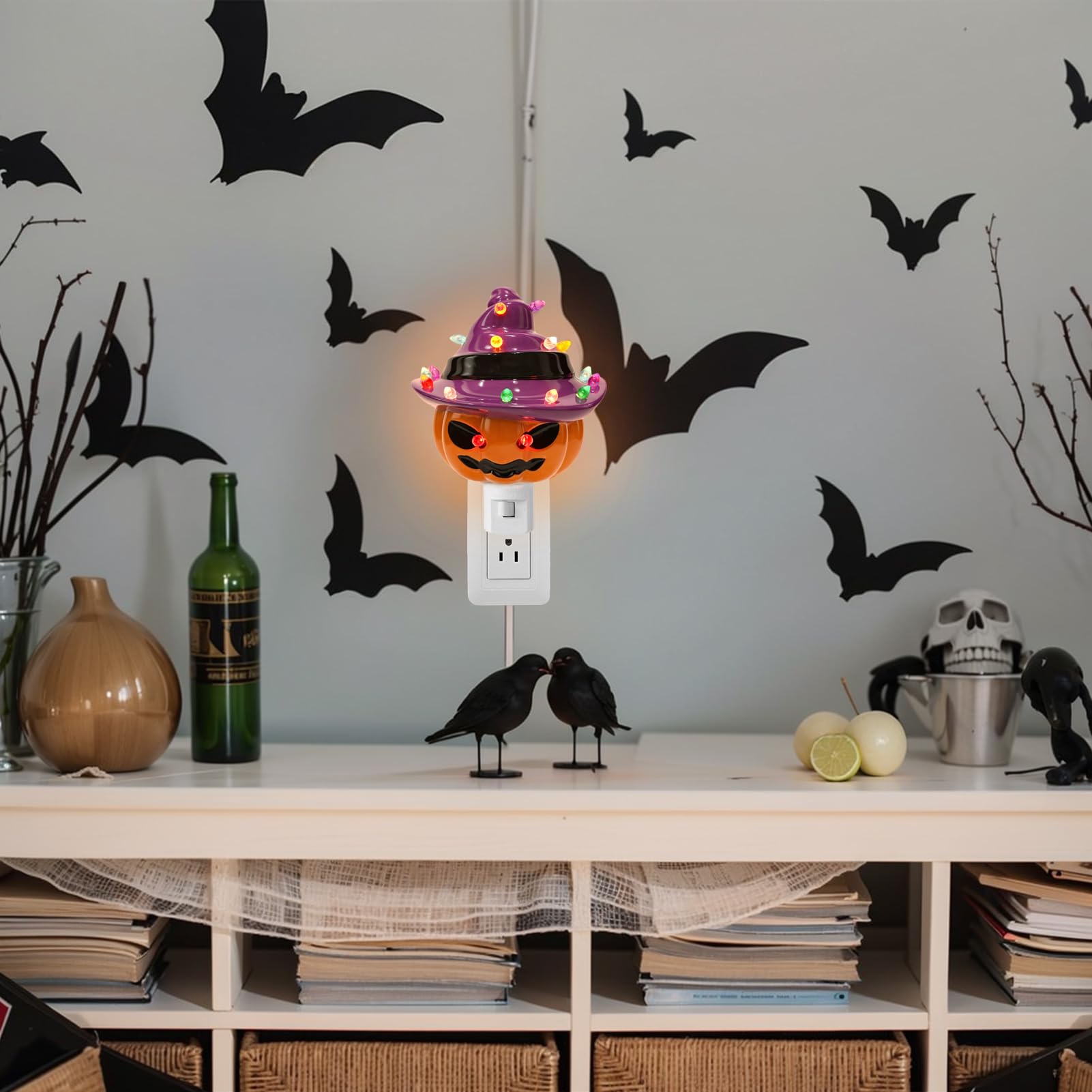 Lasumora Halloween Decorations  Ceramic Pumpkin In Witch Hat Plug-In Night Light  Vintage Halloween Decorative Night Light With 17 Bulbs  Halloween Decor Indoor For Party Gift Bedroom & Hallway