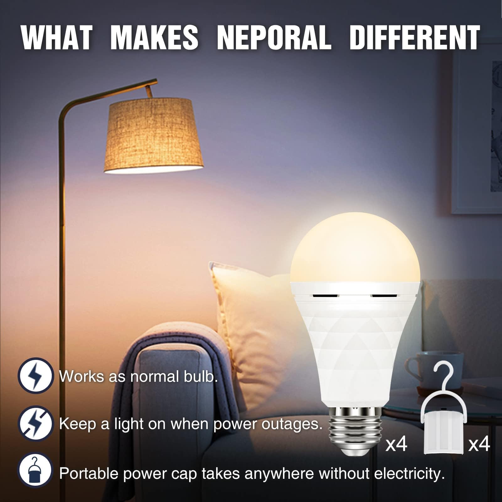 Neporal A19 Rechargeable Light Bulbs, 60W Equivalent, 1200mAh Battery Backup, Soft White, 6 Count, QP-15W