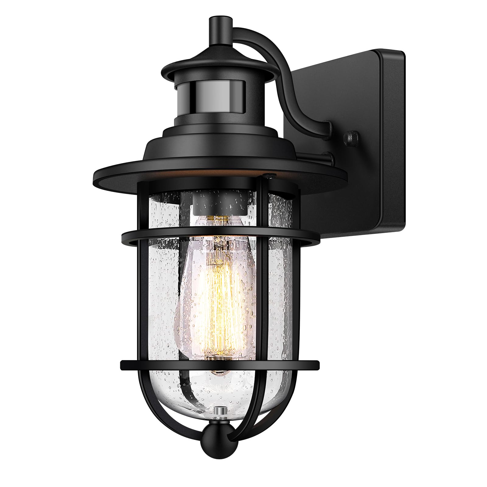Motion Sensor Outdoor Wall Lantern Dusk To Dawn Waterproof Exterior Wall Sconce With Seeded Glass Black Wall Mount Light Fixture