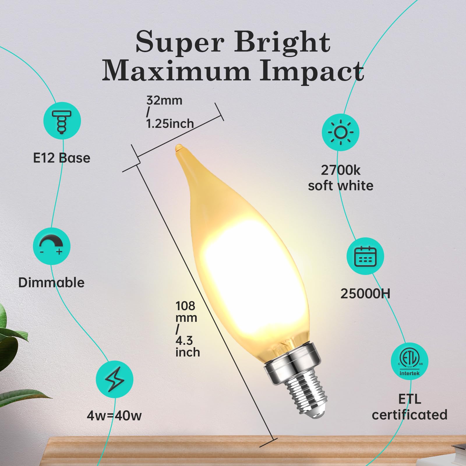 Amdtu E12 40 Watt Equivalent Frosted Small Base Led Bulb Candelabra Candle Ca10 Dimmable Chandelier Light Ideal For Dining Rooms
