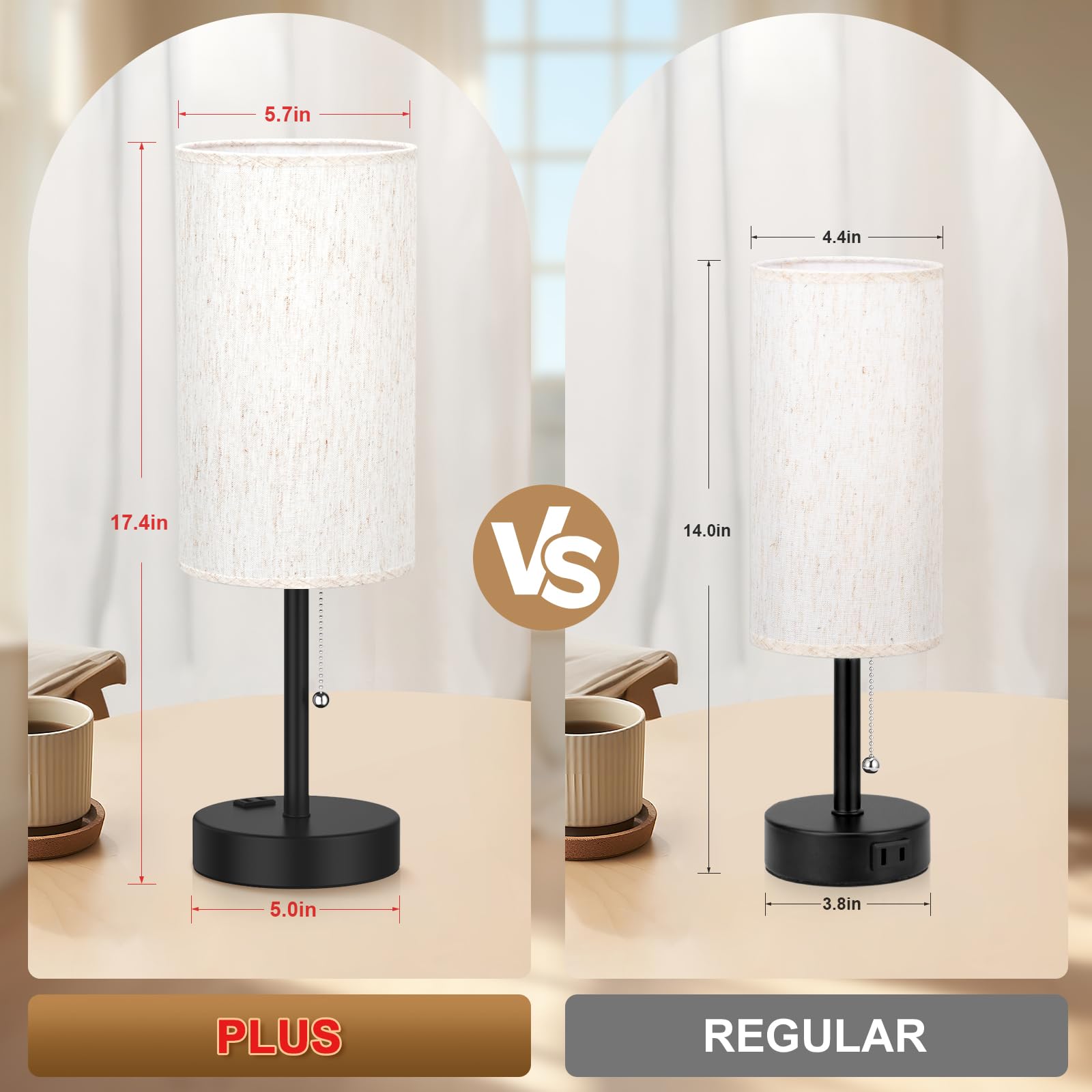 Fenmzee Plus Bedside Table Lamps Set Of 2-3 Color Temperatures Pull Chain Lamp With Ac Outlet Charging Port, Round Night Stand L