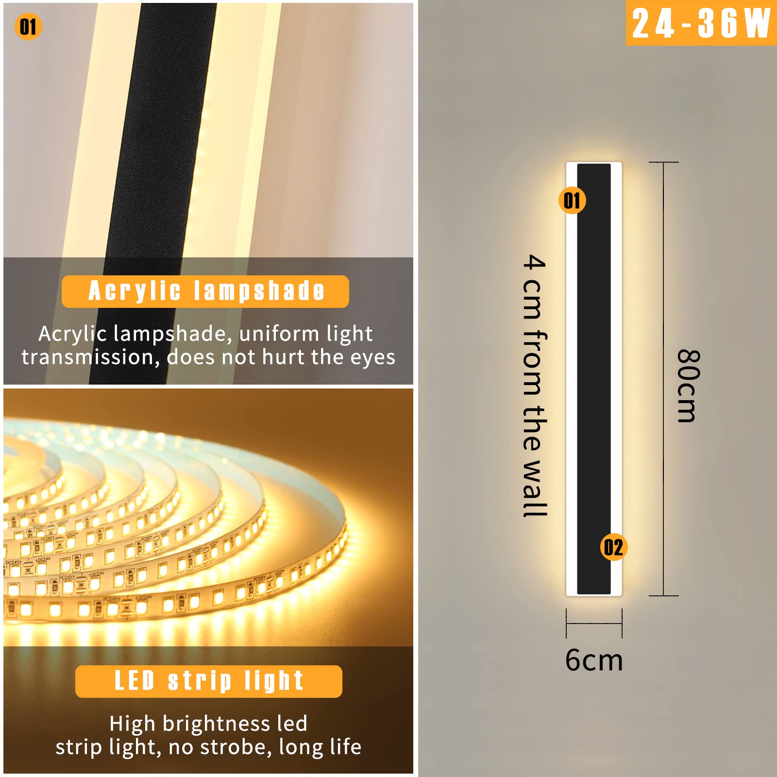 Modern 31.4Inch Outdoor Wall Light, 3000K/4500K/6000K 3 Color Change Black Exterior Light Fixtures Wall Mount, Ip65 Waterproof M