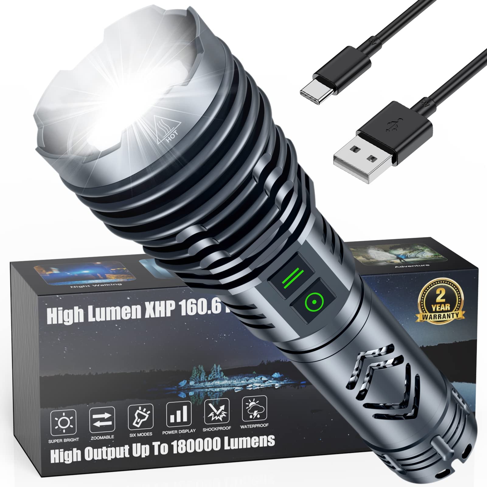 Rechargeable Flashlights 180000 High Lumens,Xhp160.6 Super Bright Led Flashlight,Tactical Powerful Waterproof Handheld Flashligh