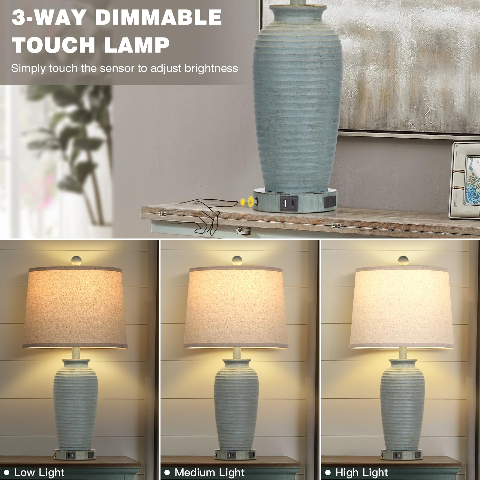 Cinsary 25&quot; Farmhouse Touch Control Table Lamps Set Of 2 With Usb & Ac Outlet, Blue