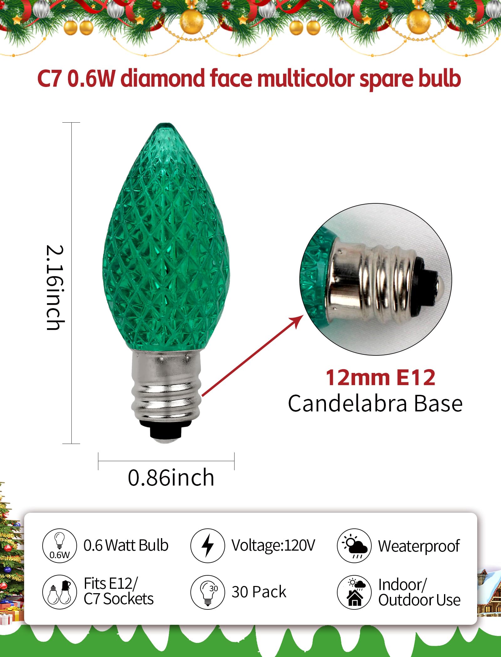 Hobbynors 30-Pack C7 Led Replacement Christmas Light Bulbs  Shatterproof Cool White Bulbs For Outdoor String Lights  0.6W Energy Saving  E12 Base  Modern & Functional Holiday Lighting