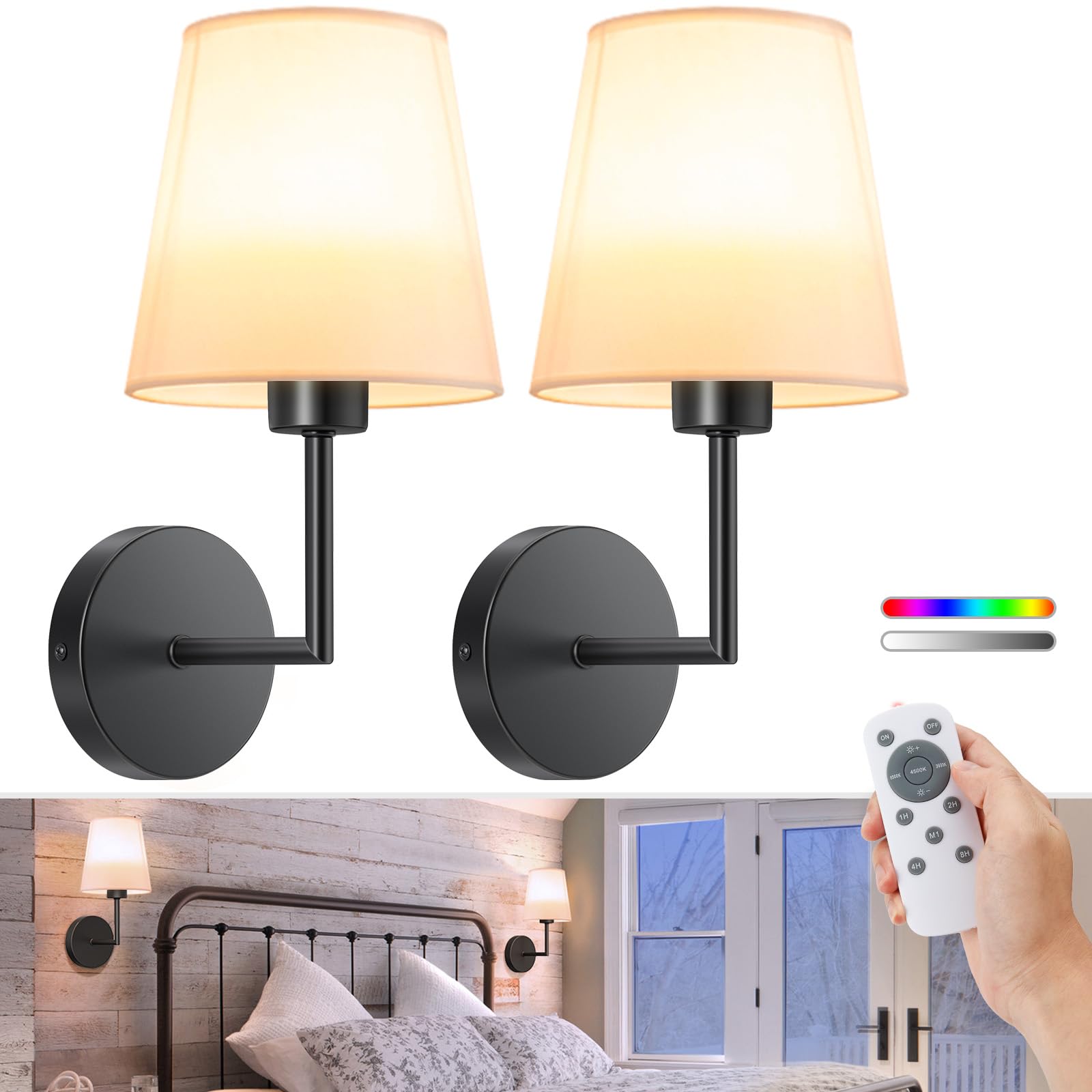 Volisun Battery Operated Wall Sconce Set Of Two,Black Wireless Sconces With Romote And Rechargeable Bulbs,9 Colors Indoor Wirele