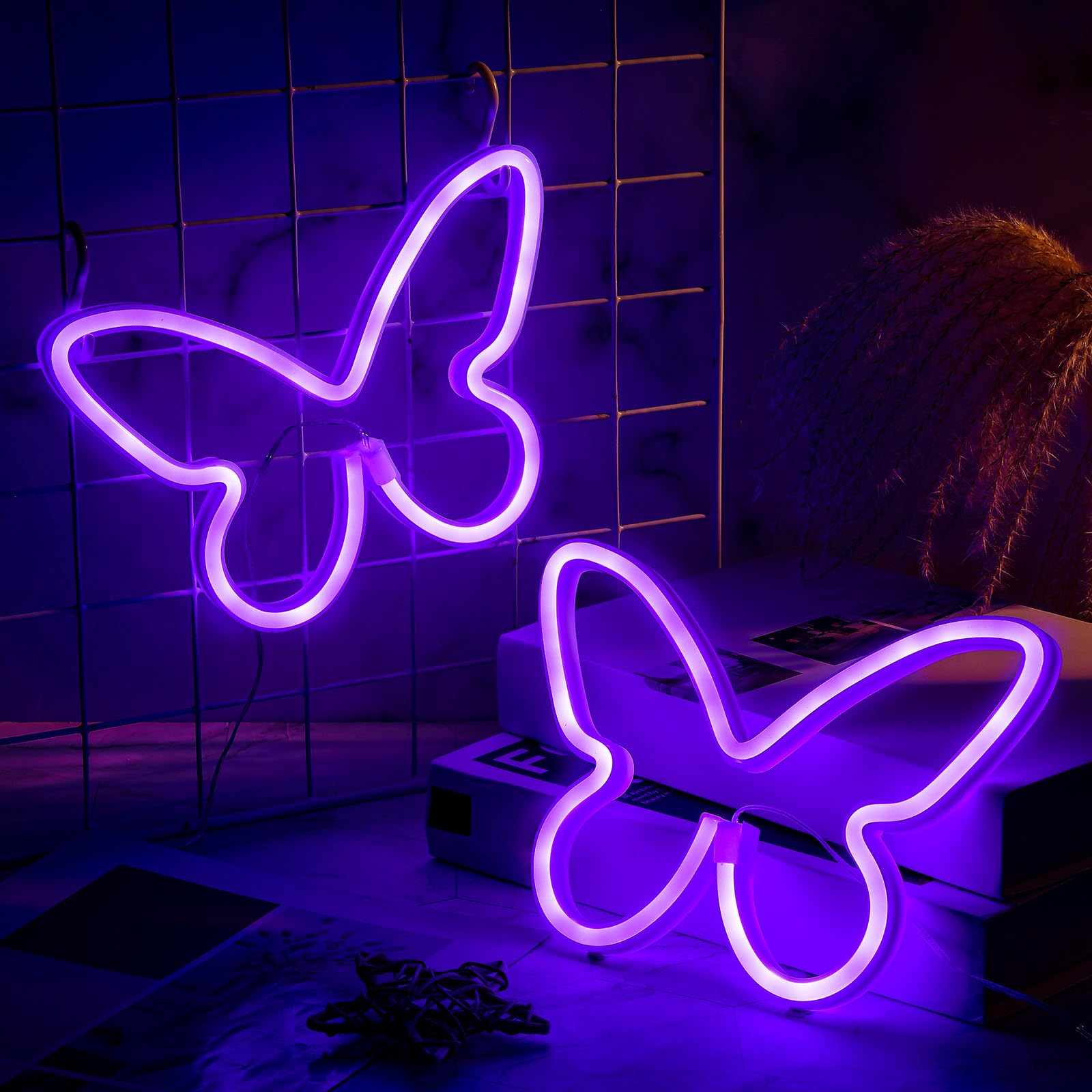 Riakrum LED Butterfly Neon Sign Light, USB & Battery Operated Wall Decor, Purple, Model SW-Riakrum-2641, 2 Pcs for Home & Party