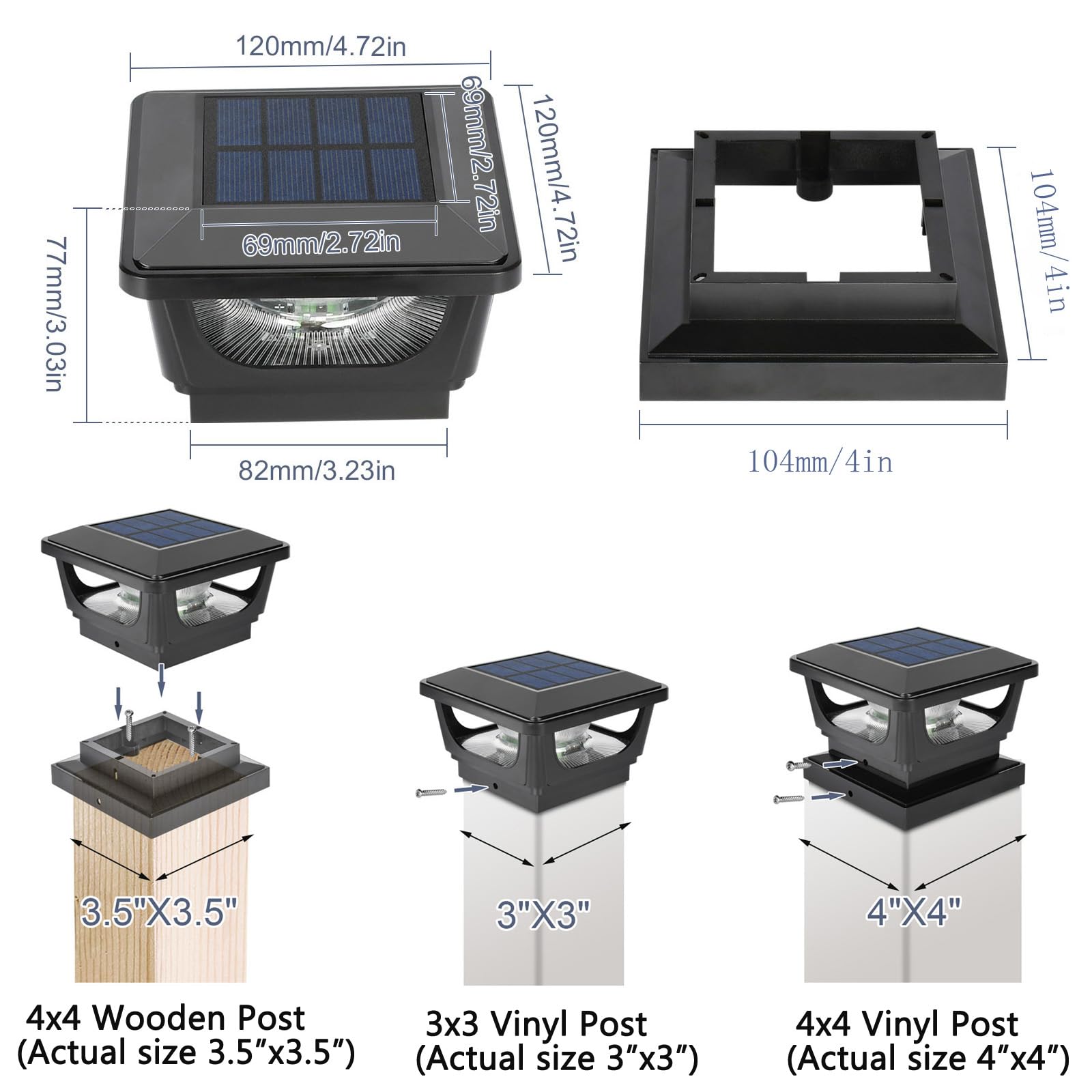 Sumaote Solar Post Cap Light, 120 Lumen, IP65 Waterproof, Warm White, Fits 4x4 & 3x3 Posts, 4 Pack