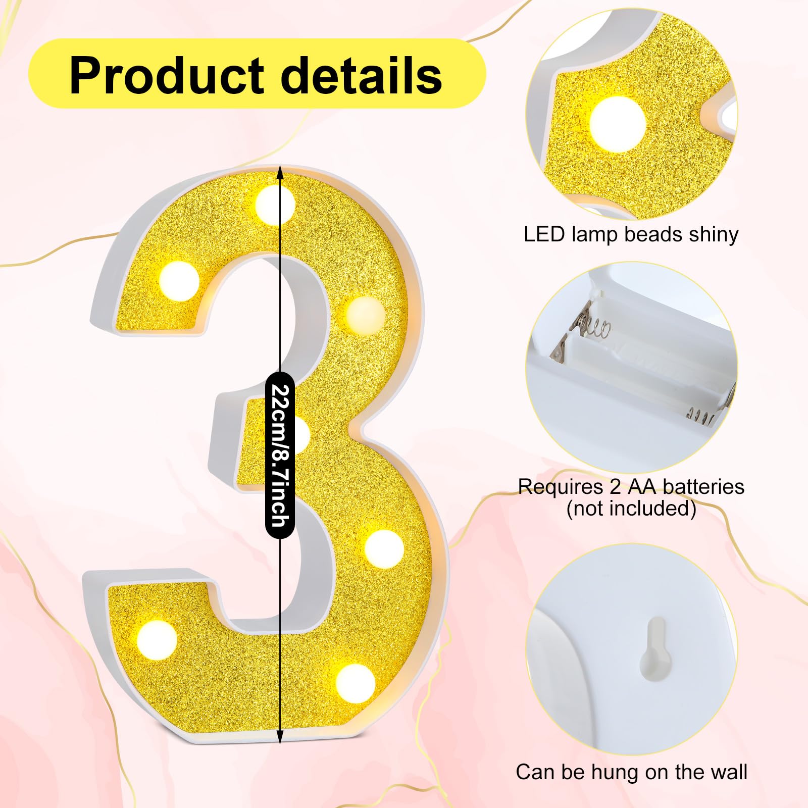 Treela LED Decorative Birthday Number Sign, Glitter Marquee 30th, Gold, PP Material for Party Decorations and Centerpieces
