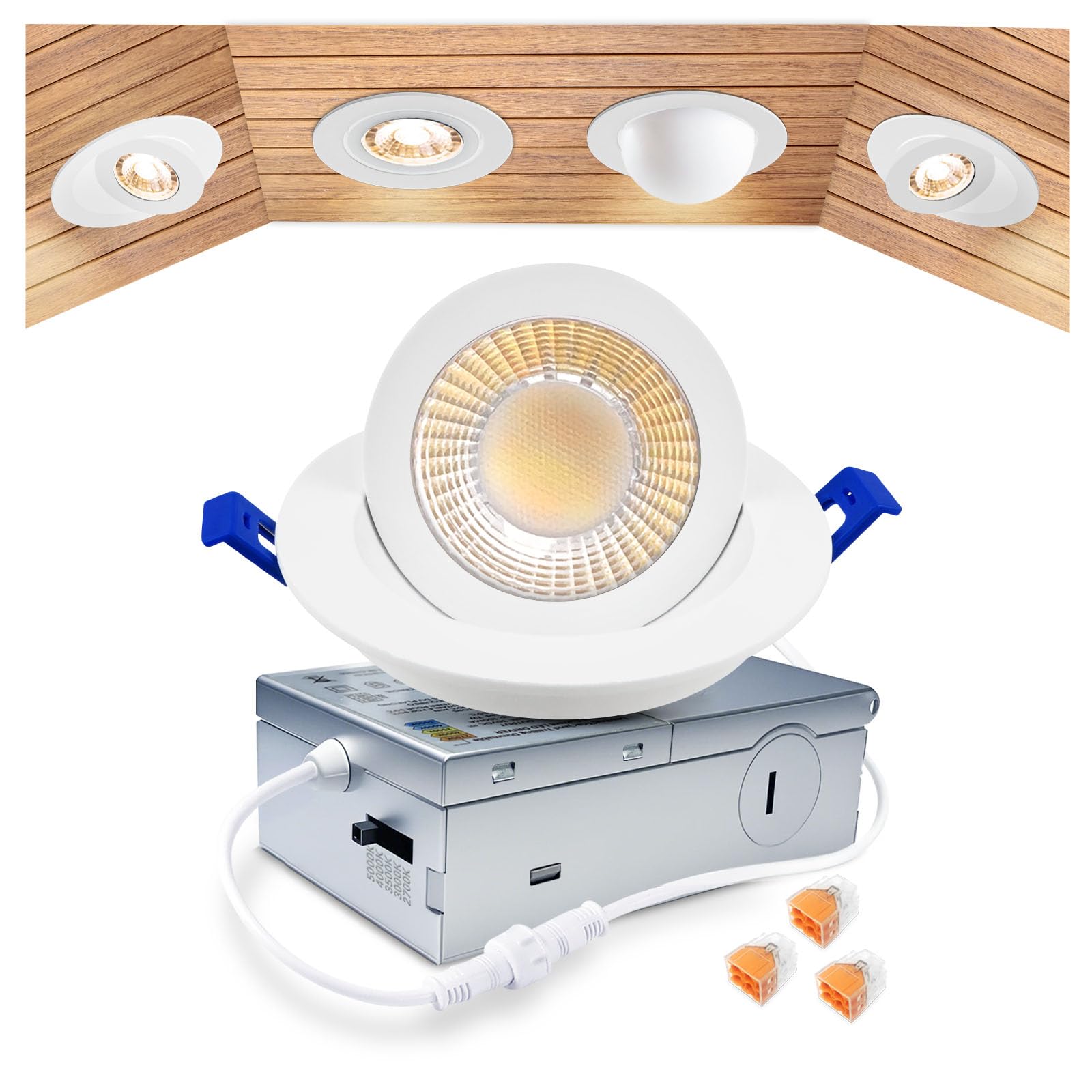 Zouzai 3 Inch 5Cct Gimbal Led Recessed Lighting With Junction Box  2700K/3000K/3500K/4000K/5000K Selectable  7W Eqv 80W  360+90 Adjustable Recessed Lights  798Lm Brightness - Etl (White  1 Pack)