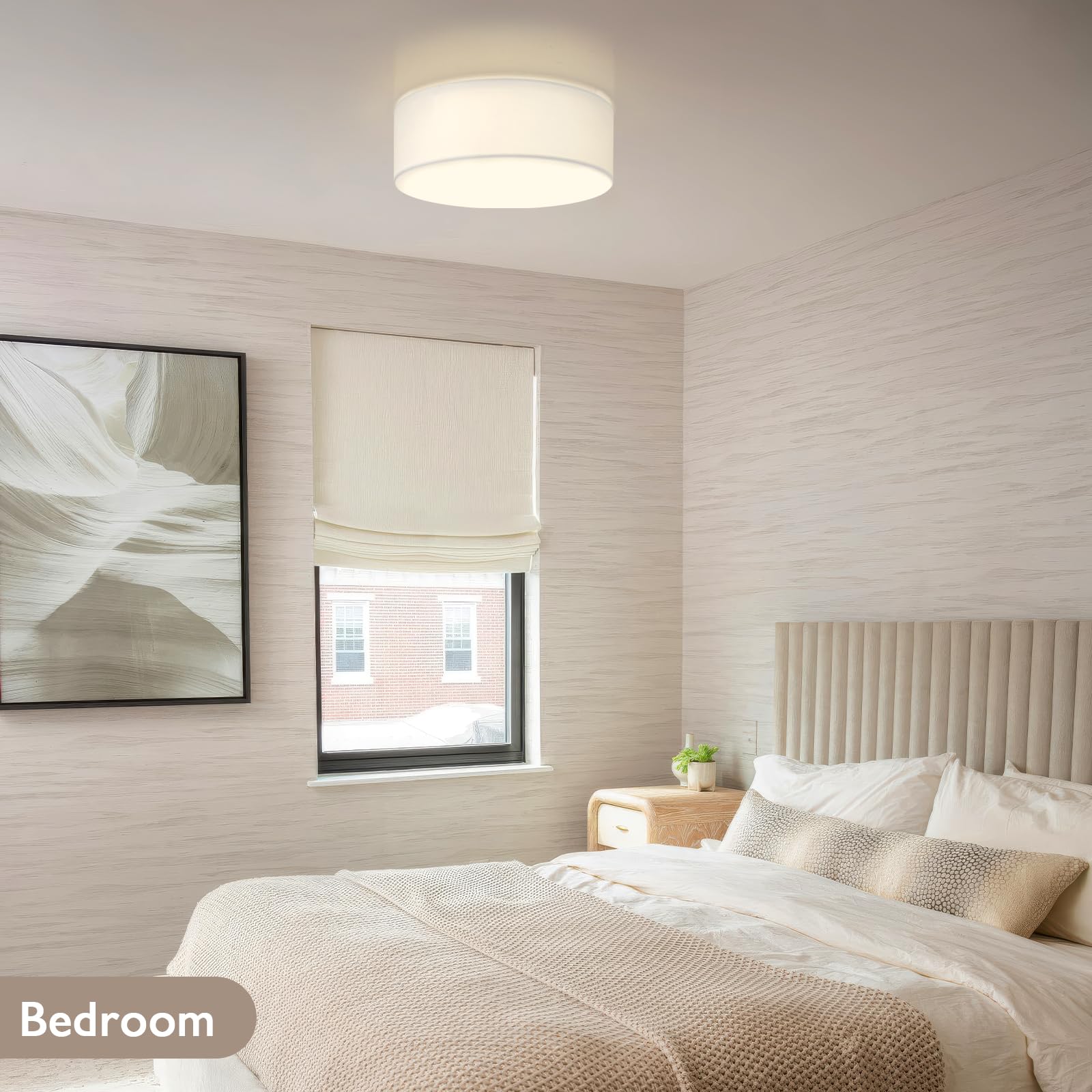 Calokes 18-Inch Large Flush Mount Ceiling Light Fixture With White Fabric Shade  Modern Drum Closed To Ceiling Lighting For Living Dining Room  Bedroom  Kitchen  Foyer - Farmhouse Lamp & Chandelier