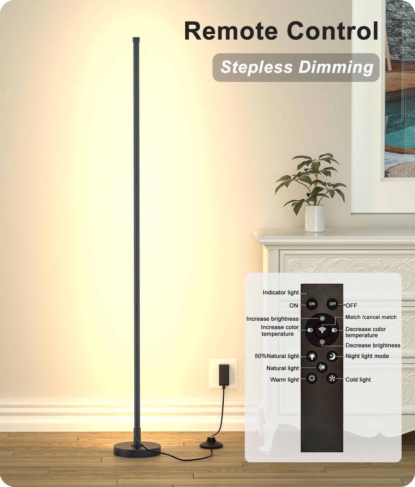 Mudodi Corner Floor Lamp, Minimalist Led Floor Lamp With Remote Control, Dimmable Corner Light,Floor Lamps For Living Room, Bedr
