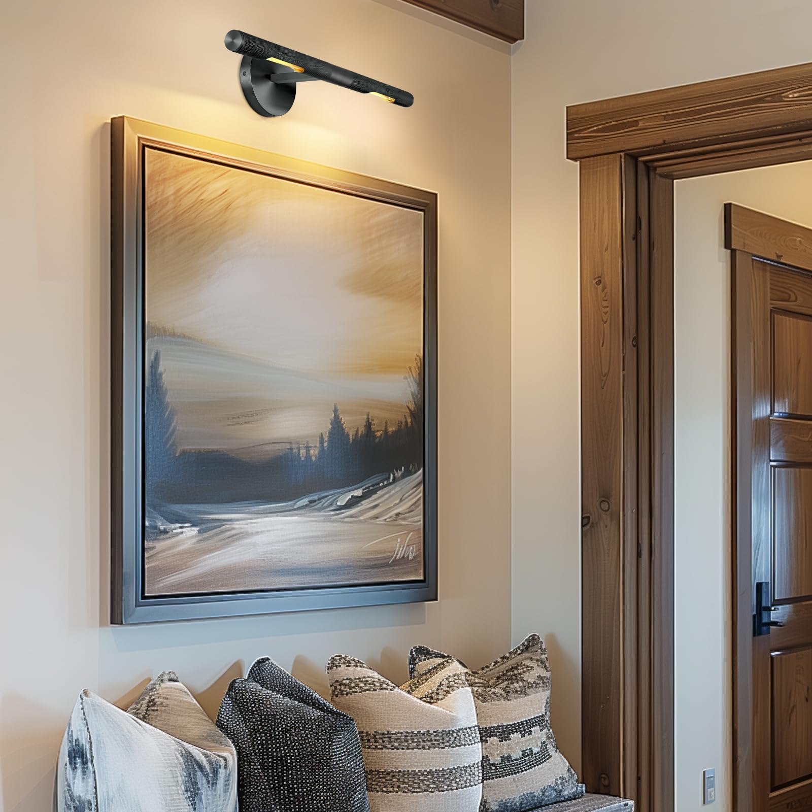 Hard-Wired Knurled Picture Light, 24In Black Picture Light For Wall, Dimmable Art Light, Rotatable 360 Picture Frame Light, Pain