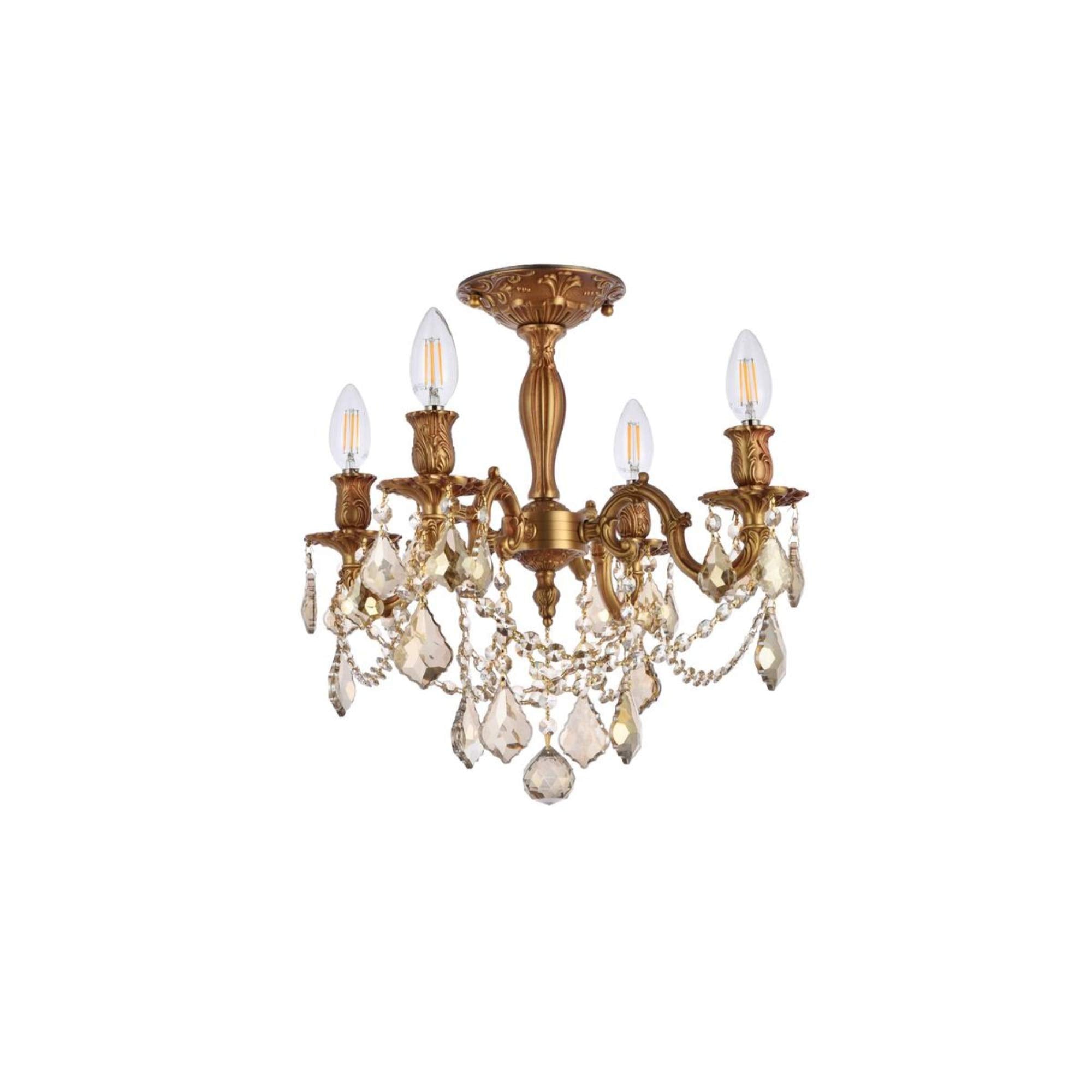 Elegant Lighting 9204F17Fg-Gt/Rc Royal Cut Smoky Golden Teak Crystal Rosalia 4-Light, Tier Semi-Flush Crystal Chandelier, Finished In French Gold With Smoky Golden Teak Crystals