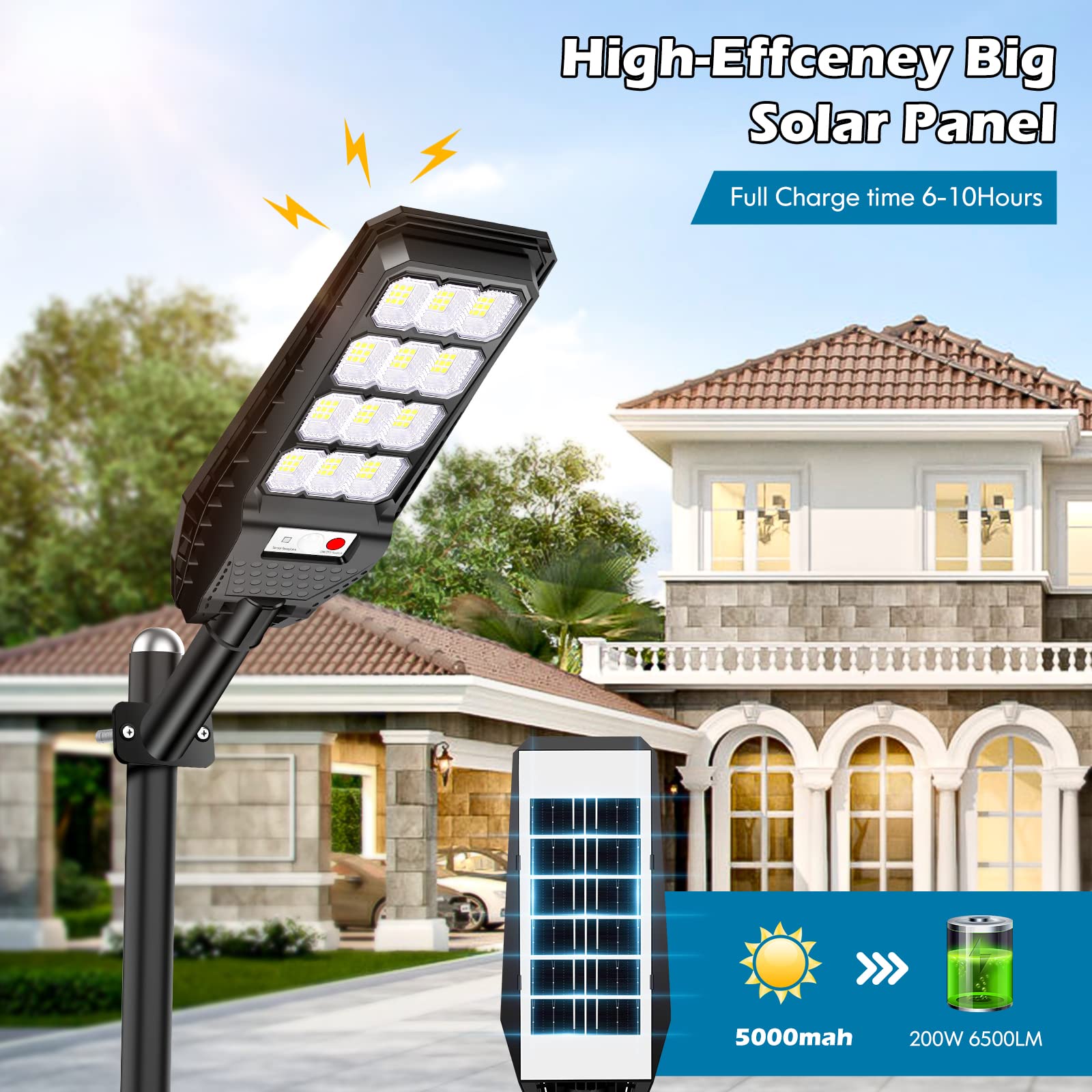 VUAA Solar Street Lights 6500K 6000LM Waterproof Dusk to Dawn Motion Sensor 2 Pack Black Model KY-LJ-2