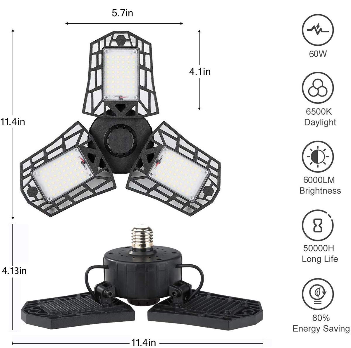 Anypowk Led Garage Light - 6000 Lumen 6500K Daylight 60W, Three Leaf Led Garage Ceiling Lights
