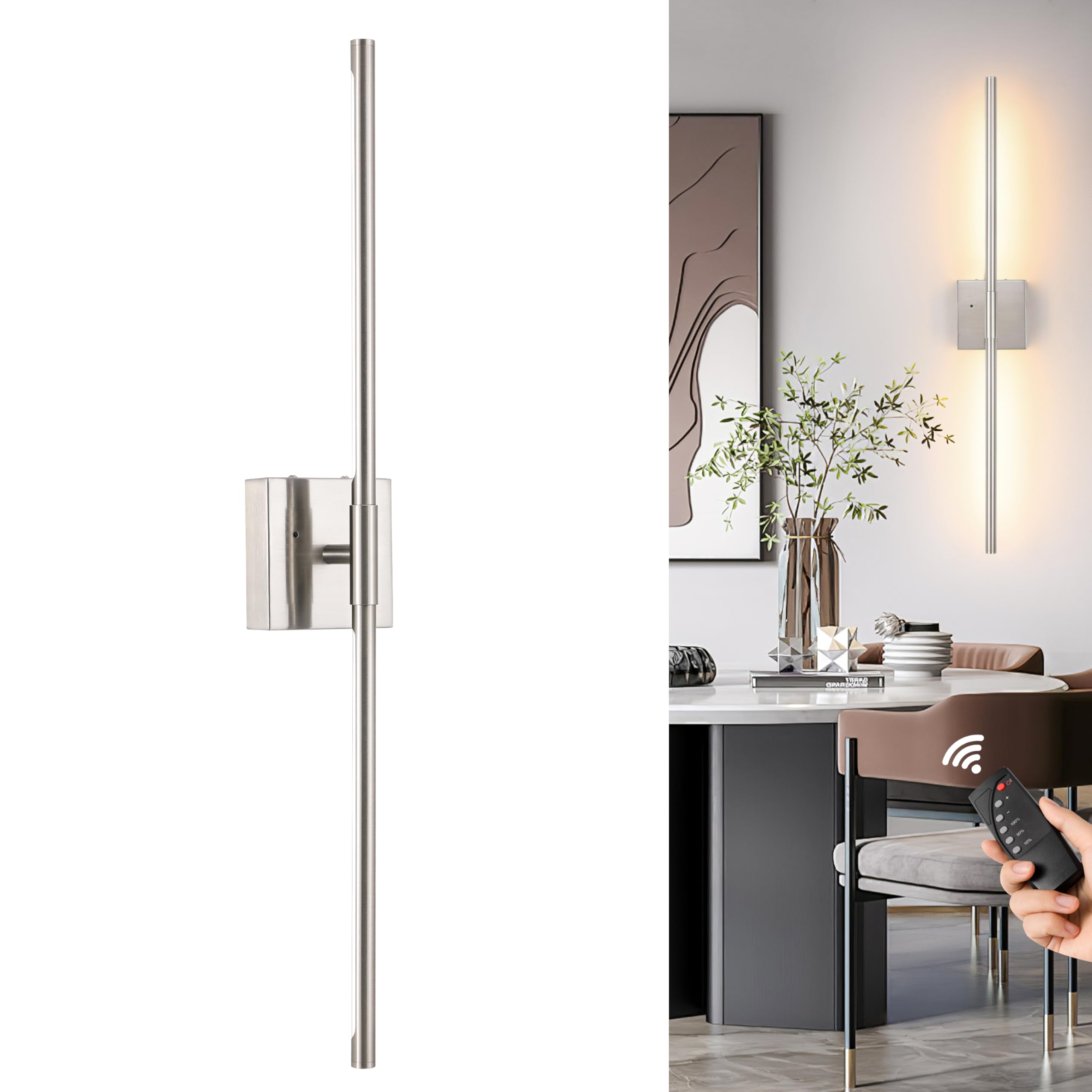 Morauroral Wall Sconce - Dimmable LED, 30 Inch, Sand-Nickel, Rechargeable with Remote, Model 7812