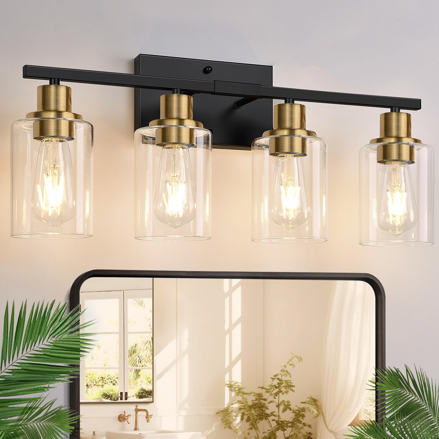 Indoi 4-Light Bathroom Light Fixtures Black and Gold Modern Vanity Lights Glass Shades Model OMTYX-031H