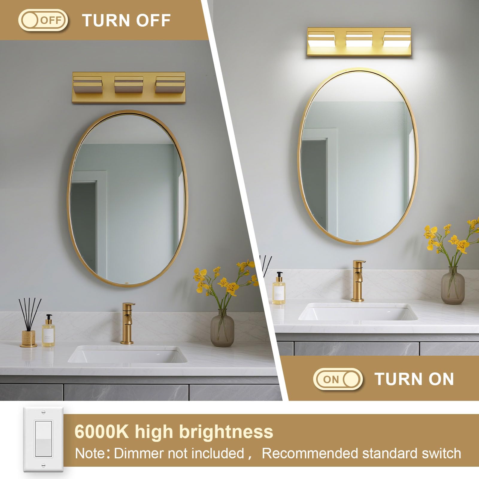 Jzekvn Modern Led Bathroom Lights Fixtures(3-Light) Metal Gold Acrylic Wall Lighting Vanity Lights For Bathroom Over Mirror 6000K 16In