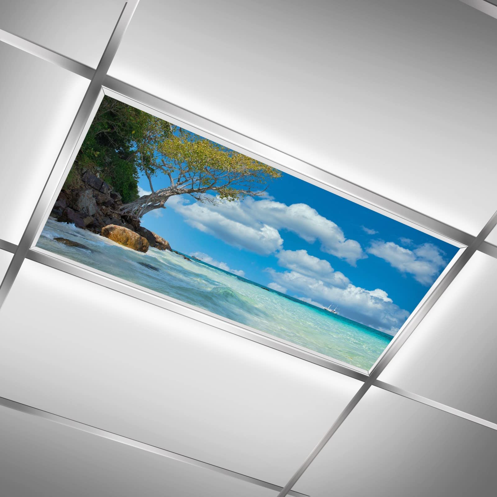 MSINMKOK Beach Sea Water 2ft x 4ft Drop Ceiling Fluorescent Decorative Ceiling Light Cover - Tropical Blue Sky - Skylight Film F