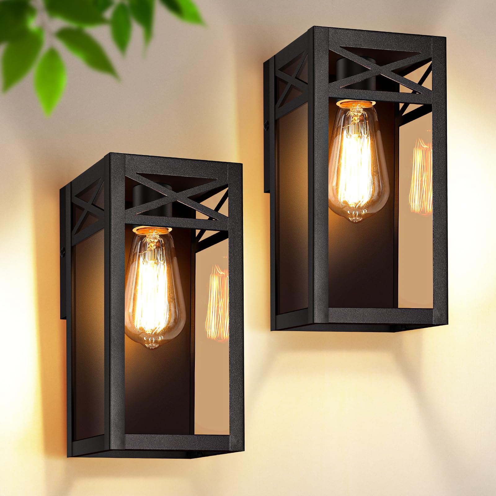 VerRon Outdoor Wall Light Fixtures, Waterproof Black Lanterns, 2-Pack, Metal, E26 Socket, Glass Shade, Anti-Rust Sconces