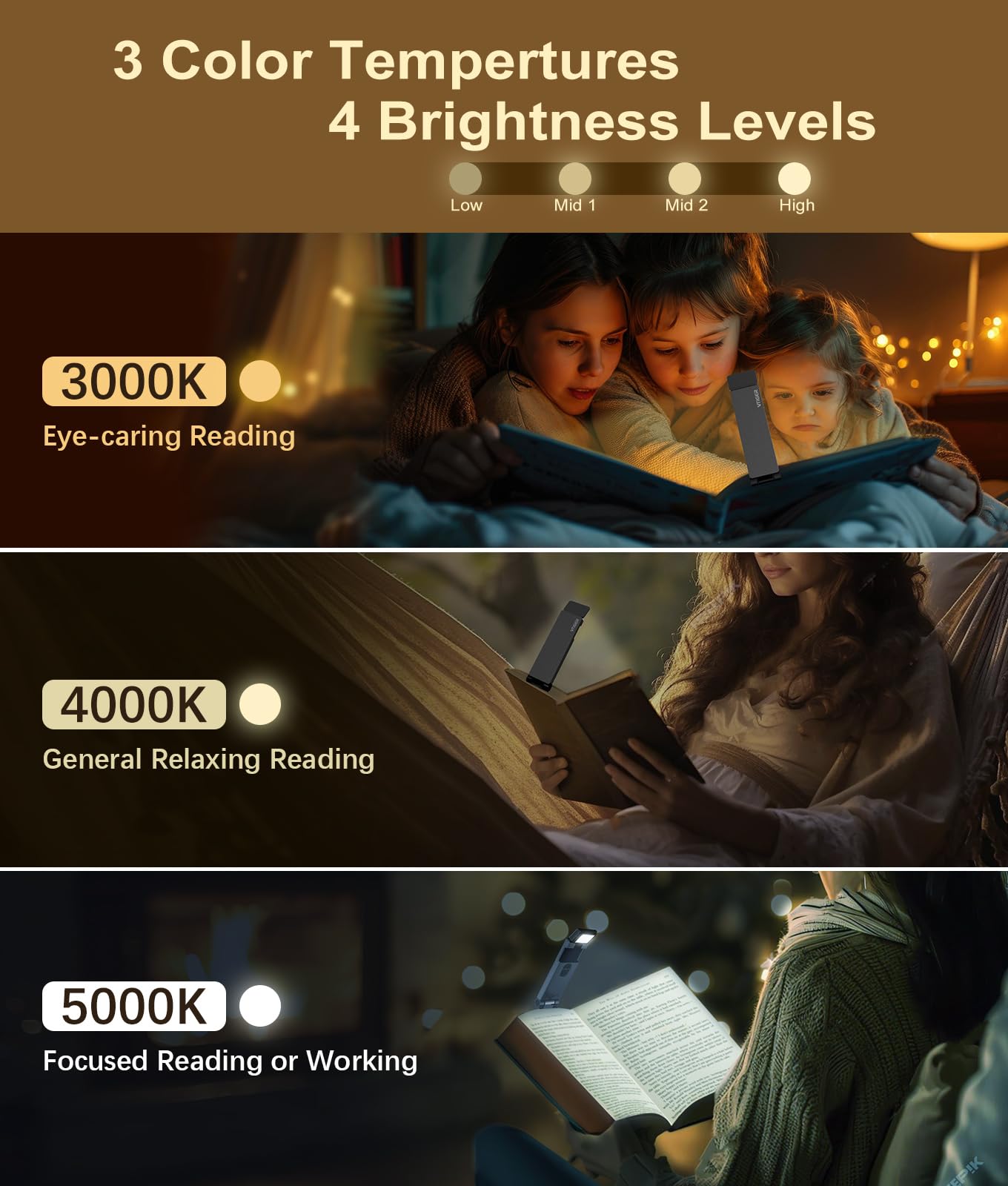 VTIGER USB Rechargeable Reading Light, Foldable Clip-on LED Bookmark Lamp, 3 Amber Colors, 4 Brightness Levels, Gray - Perfect for Book Lovers