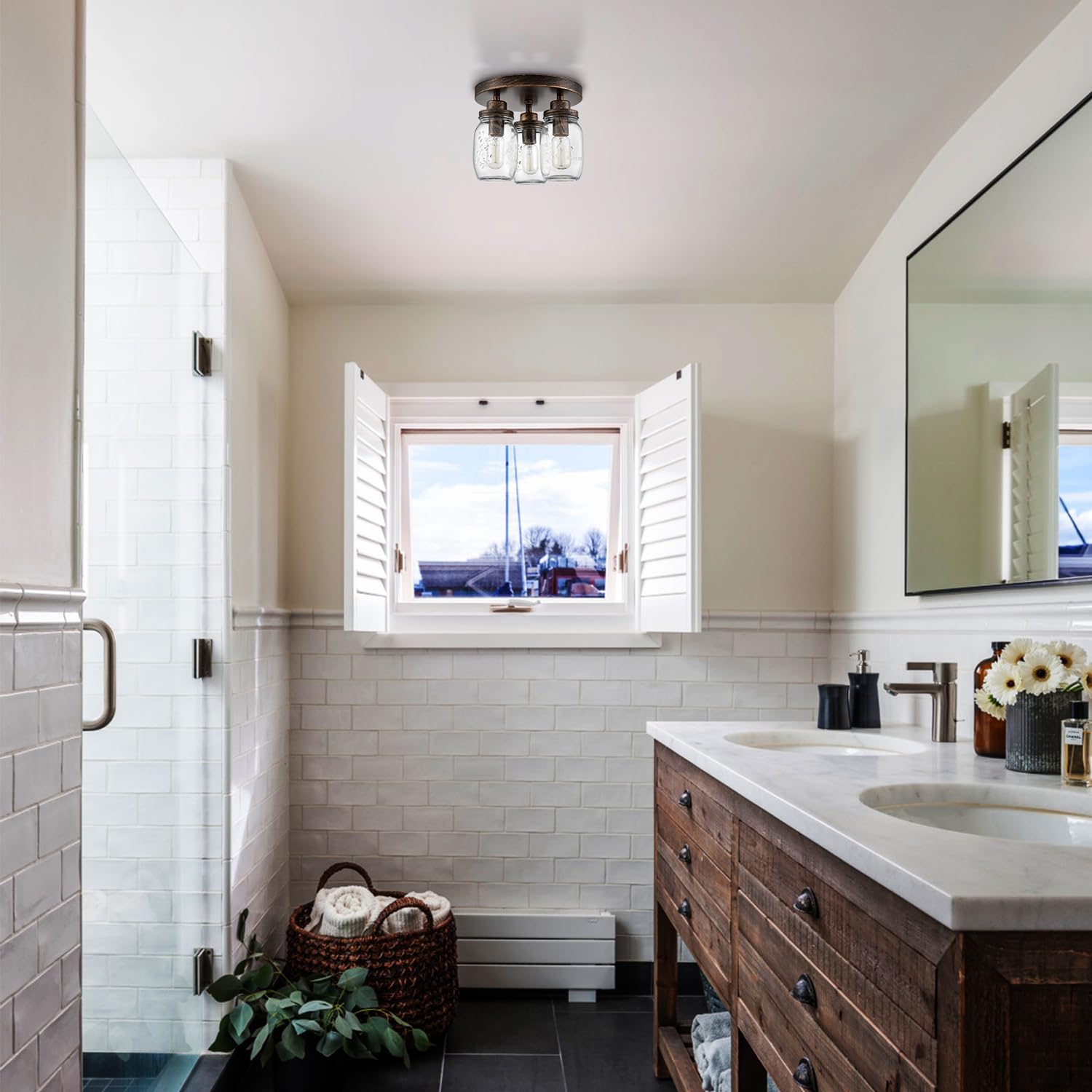 Claxy Mason Jar Ceiling Light 3-Light Farmhouse Flush Mount Ceiling Light Fixture For Kitchen Bedroom Dining Room Black With Bru