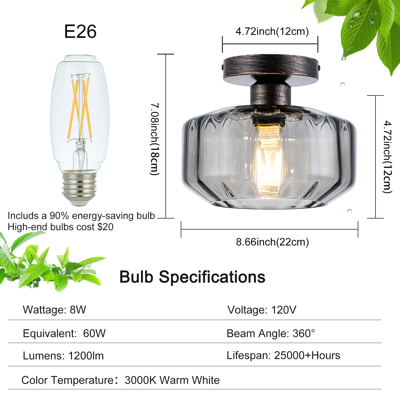 Tbaoinla Smoked Glass Flush Mount Ceiling Light With 1200Lm Led - Black Champagne Gold 8.66 Damp Rated Fixture For Bathroom Kitchen Hallway Modern Lighting