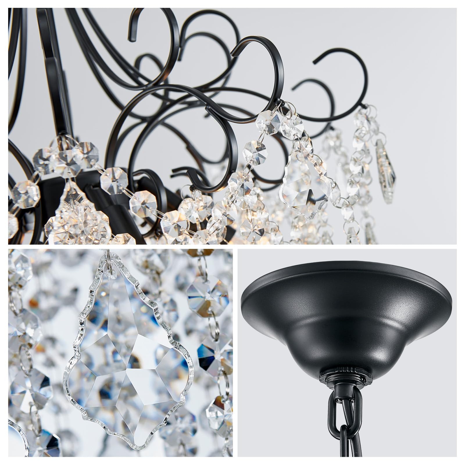 WUZUPS 5-Light Crystal Chandelier Pendant Light, Black Metal, 22.4" H x 18.3" W, Modern Fixture for Dining Room, Hallway, Kitchen, Bathroom