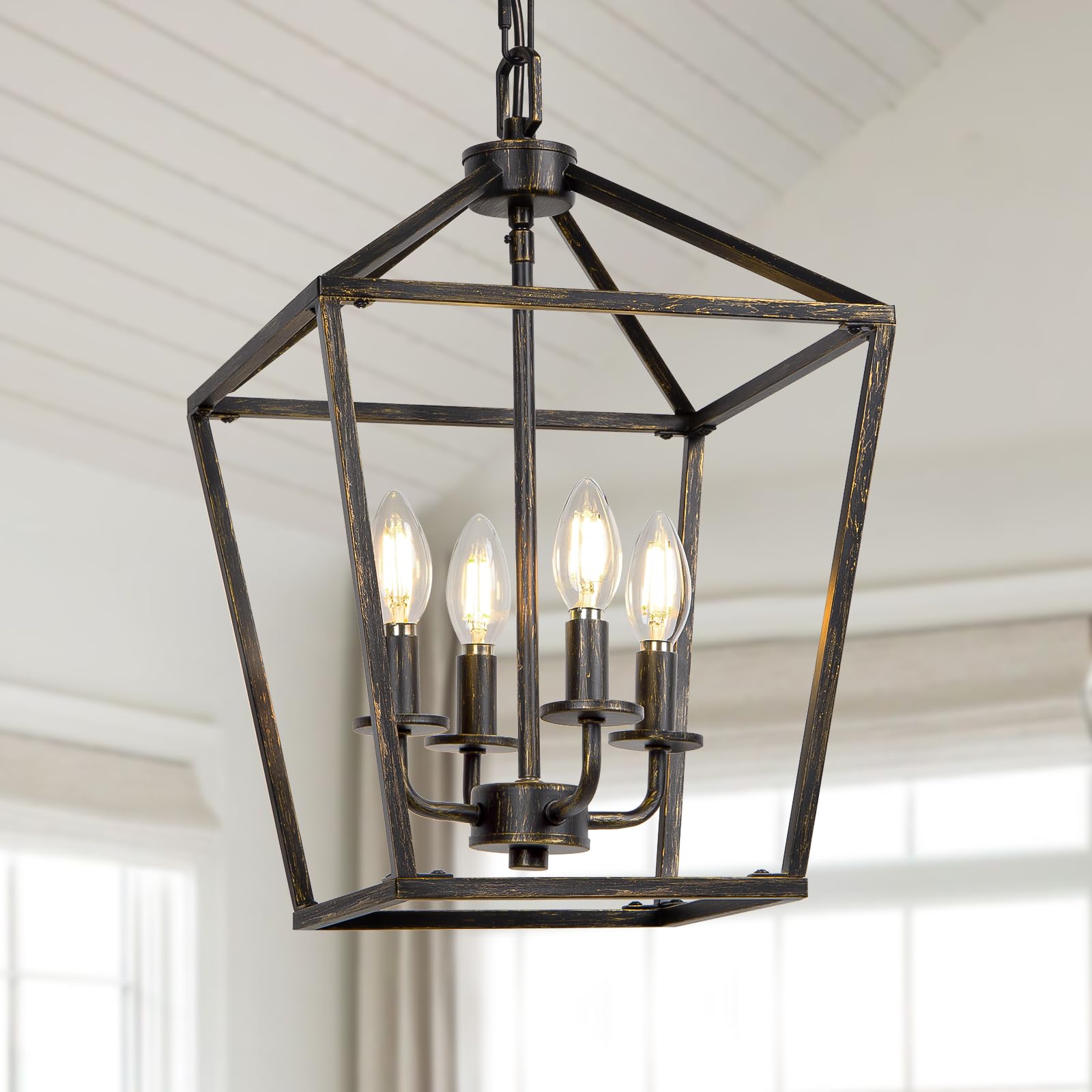 4 Light Chandelier Lighting, Industrial Ceiling Light Black Lantern with Brushed Gold, Geometric Metal Hanging Light Fixture wit