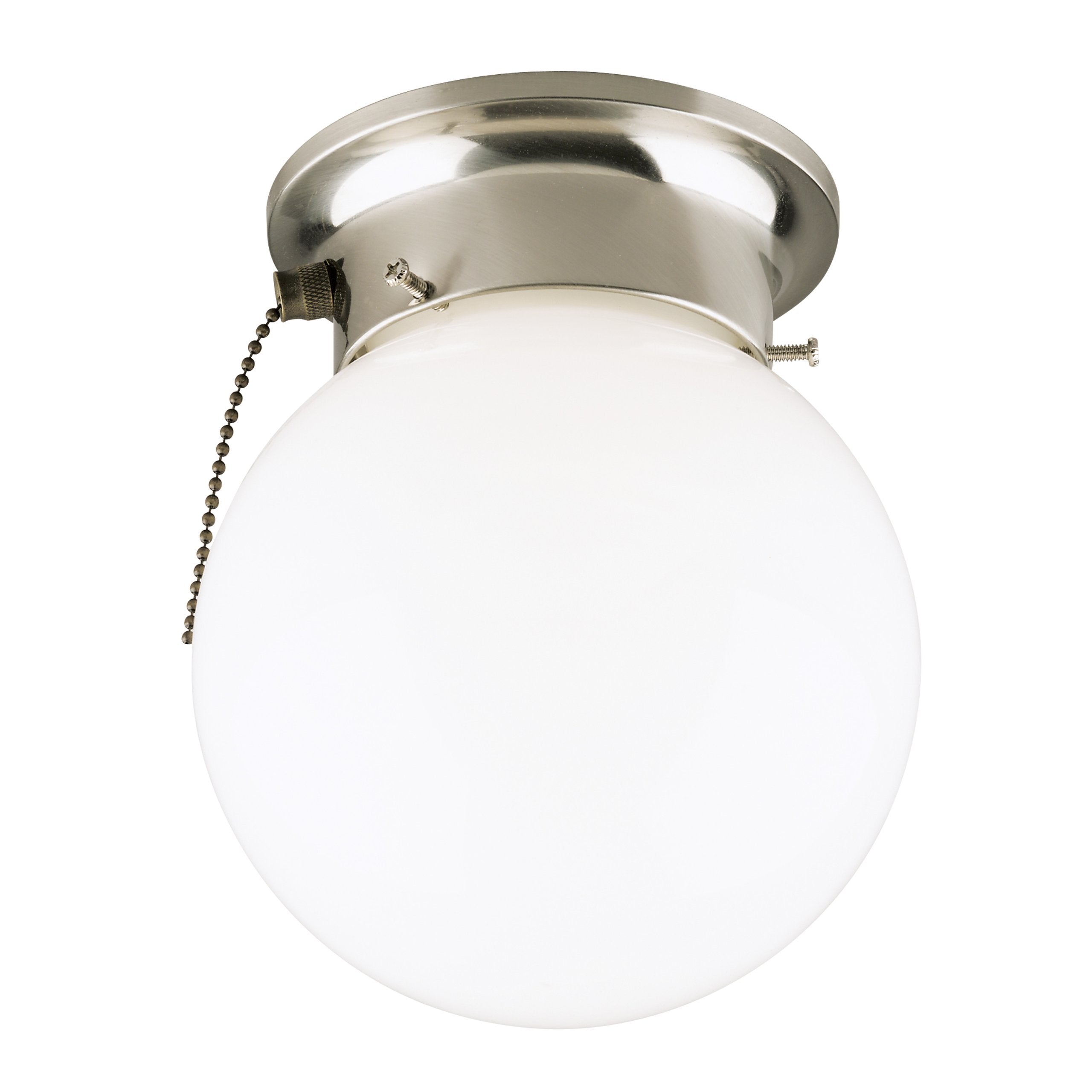 Westinghouse One-Light Flush-Mount Ceiling Fixture, Brushed Nickel Finish, White Glass Globe, Model 6720800