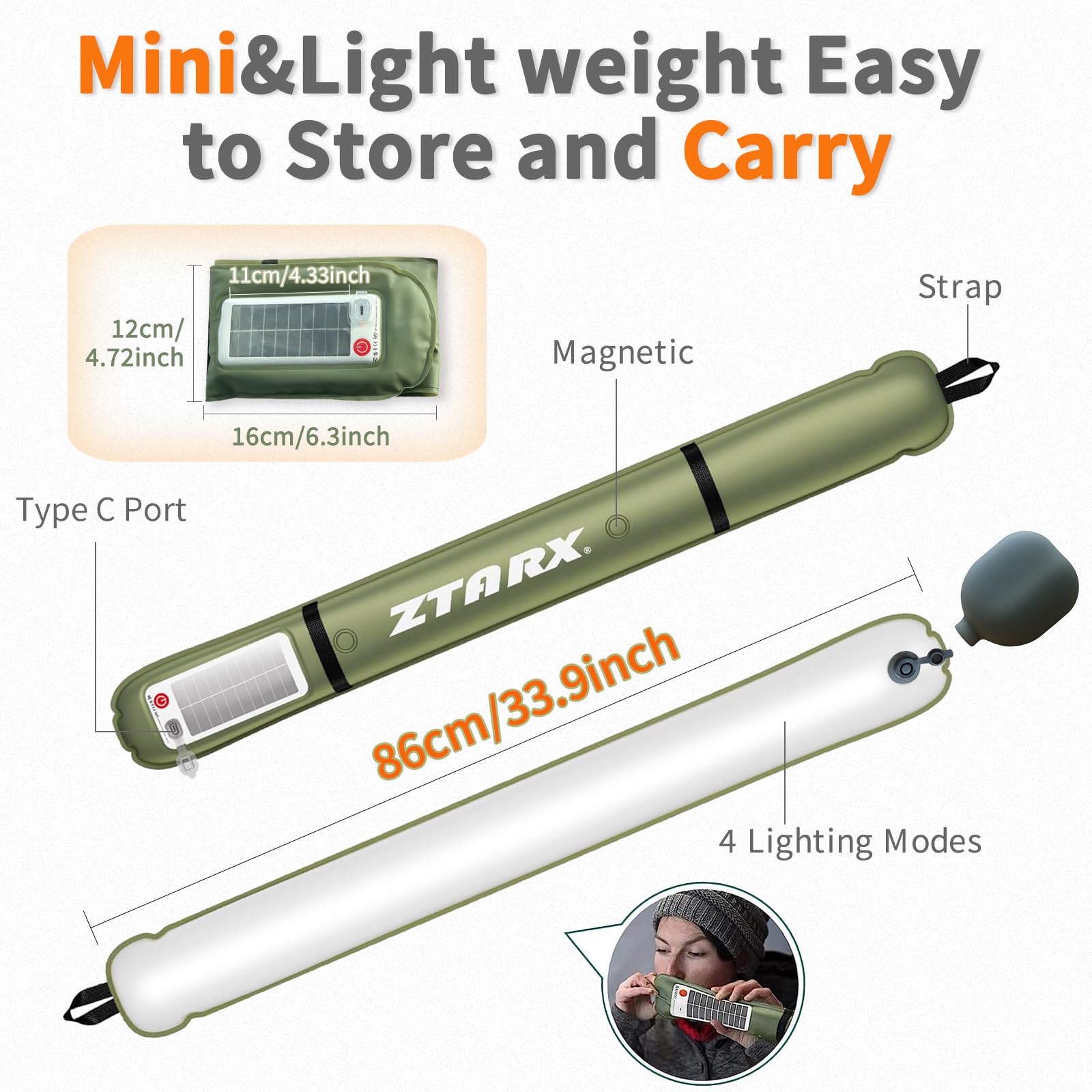 Ztarx Inflatable Solar Camping Lantern Usb Rechargeable 4 Lighting Modes Ip66 Waterproof Portable And Lightweight Tent Light