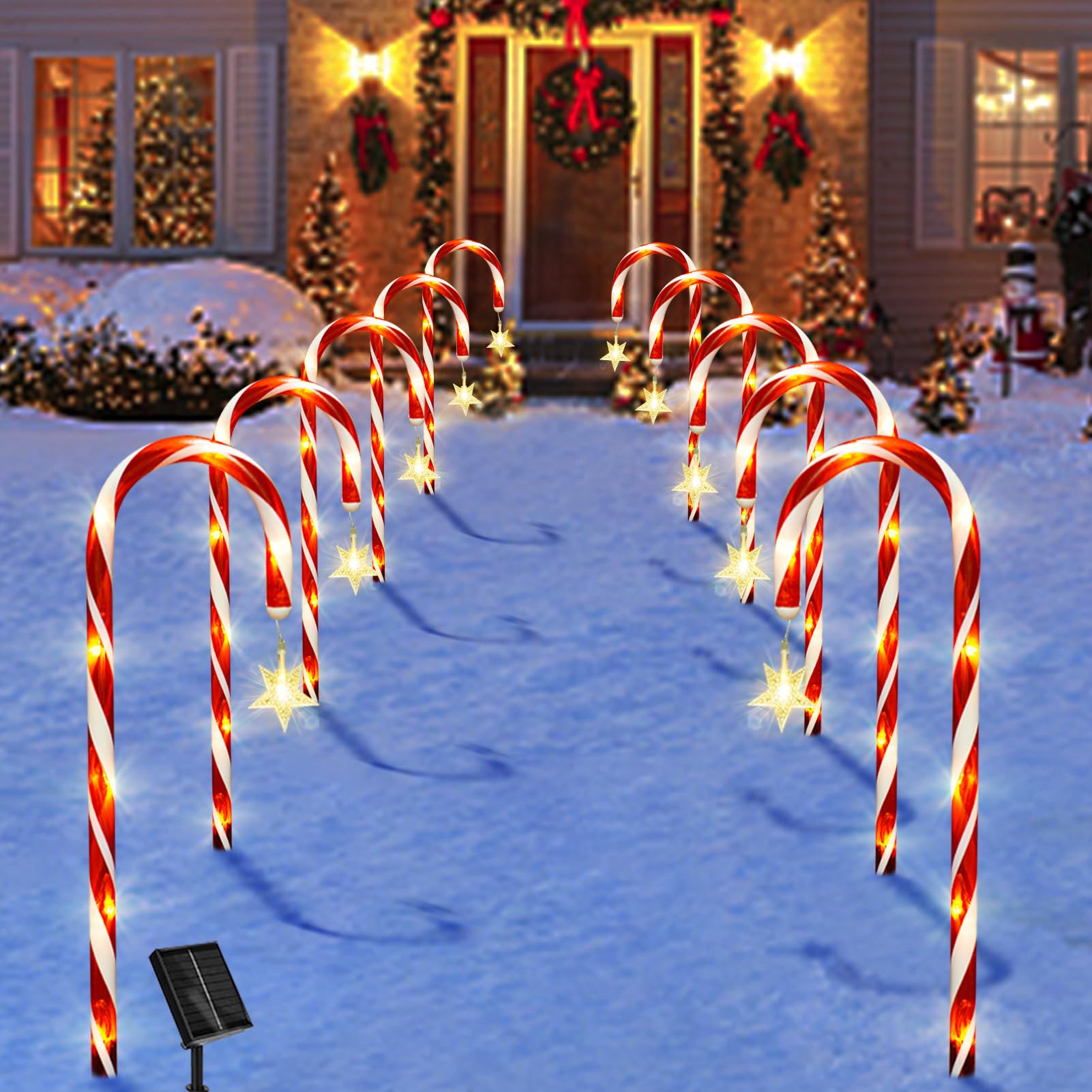Bstge Christmas Candy Cane Lights, 10 Pcs, 21in  Solar Pathway Lights, Waterproof, White with Star, 8 Lighting Modes