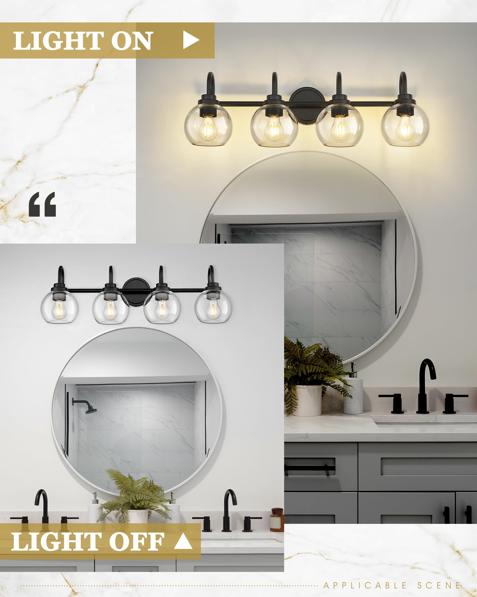 Audickic 4-Light Bathroom Light Fixtures Matte Black Vanity Lighting with Clear Glass, 30 Inch, Model AD-22280-4W-BK