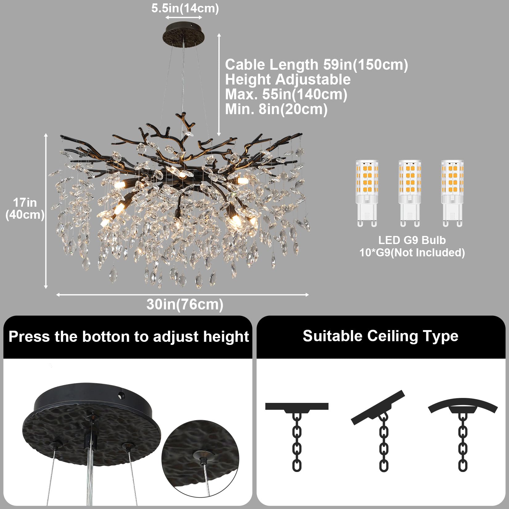 Yuyi Modern Crystal Chandelier, 30'' Black Tree Branch Chandelier, 10-Light Round Chandeliers For Dining Room, Living Room, Foye