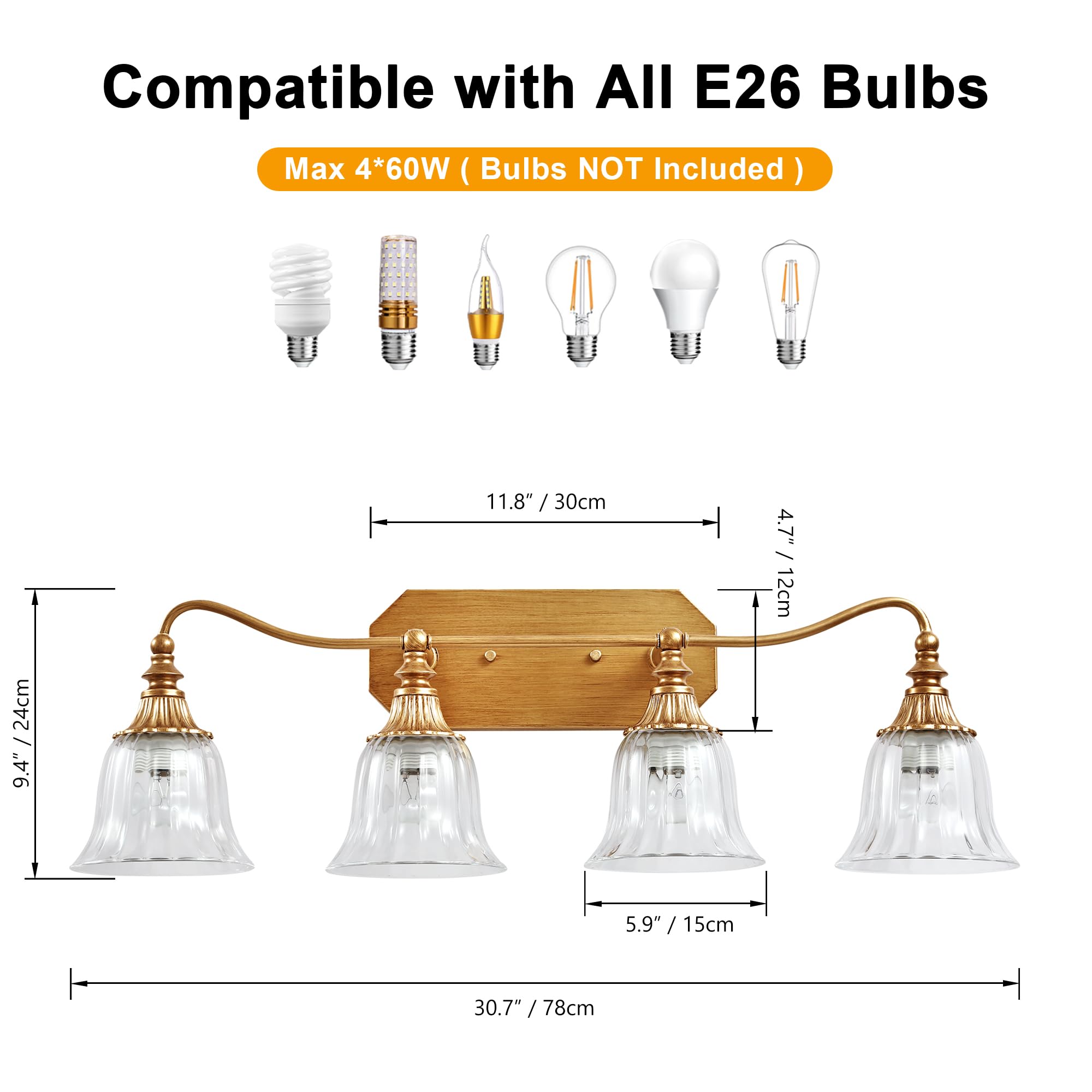 LmnLvn Bathroom Vanity Light Fixture, 4 Lights, Gold Antique Brass with Crystal Shade, Vintage Bathroom Lighting