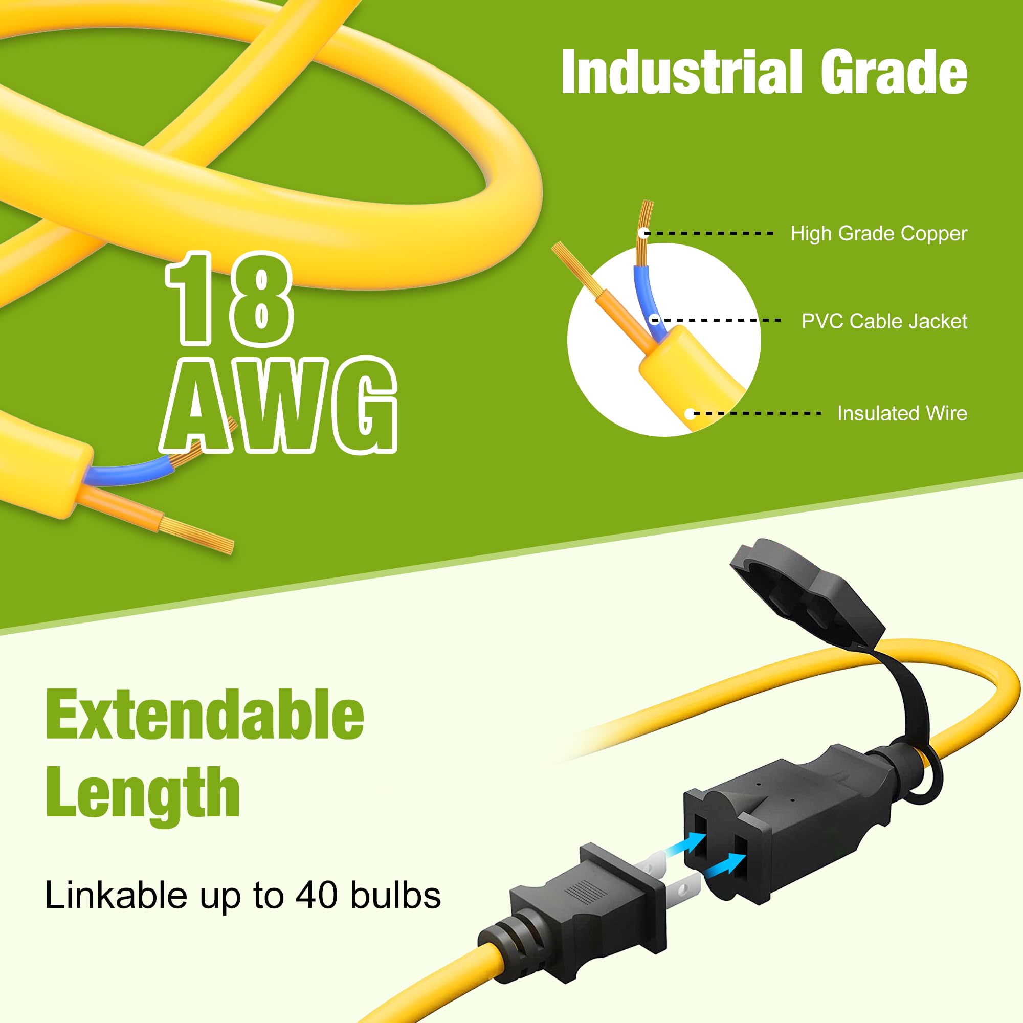 Yxl 130W 16000Lm Construction String Lights With Protective Cages 100Ft Industrial Led Work String Lights, Ip65 Waterproof, Super Bright For Construction Sites Temporary Work Jobsites Outdoor Lighting