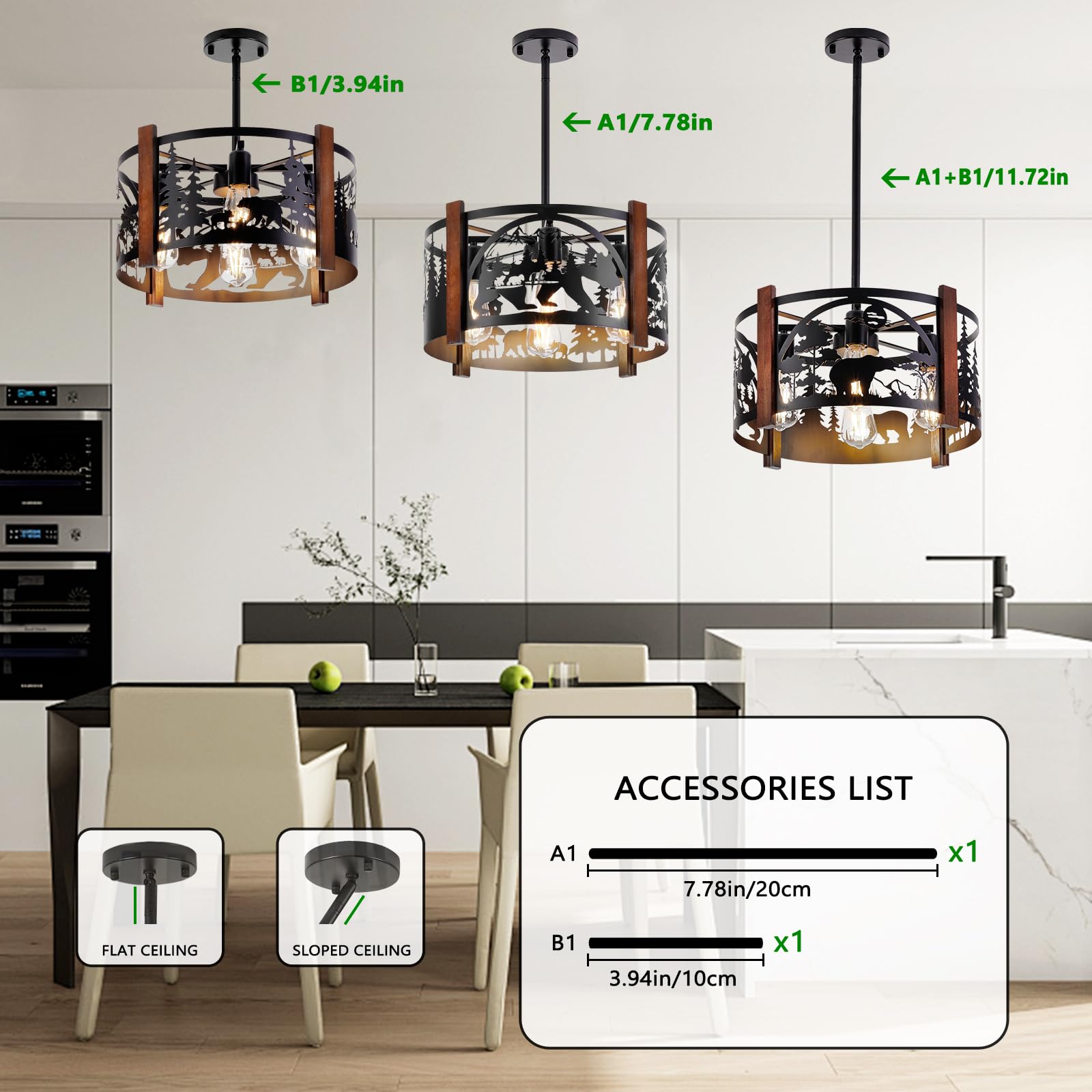 Monyohame Farmhouse Rustic Bear Ceiling Light Fixtures, 4-Light Round E26 Base Black Metal Fixtures Ideal For Kitchen, Living Ro
