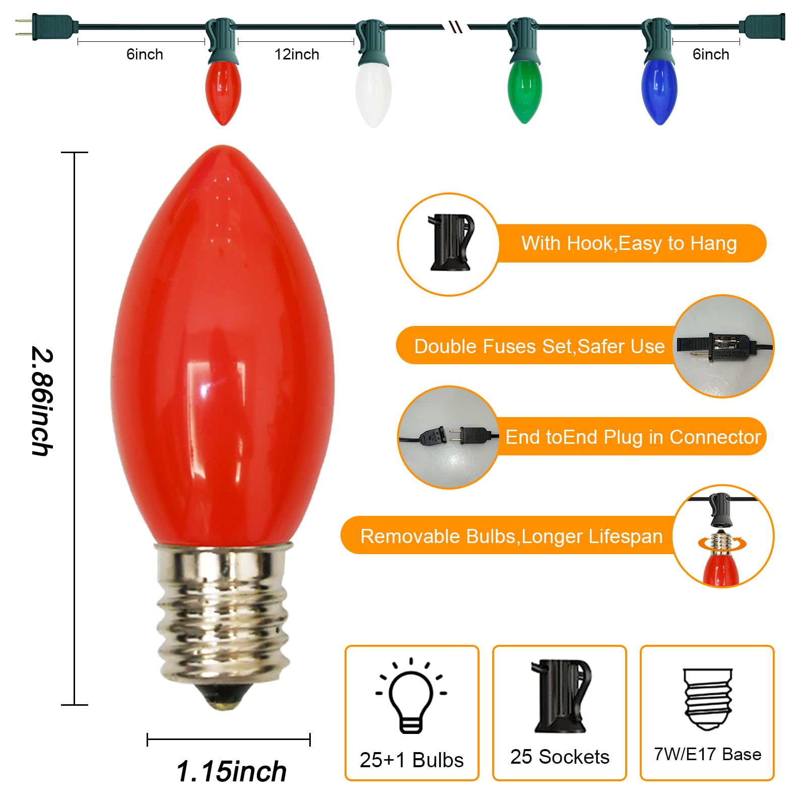 C9 Led Christmas Lights,25Ft Vintage C9 Multicolor Christmas Lights Outdoor With 26 Colorful Ceramic Led Bulbs,Connectable Water