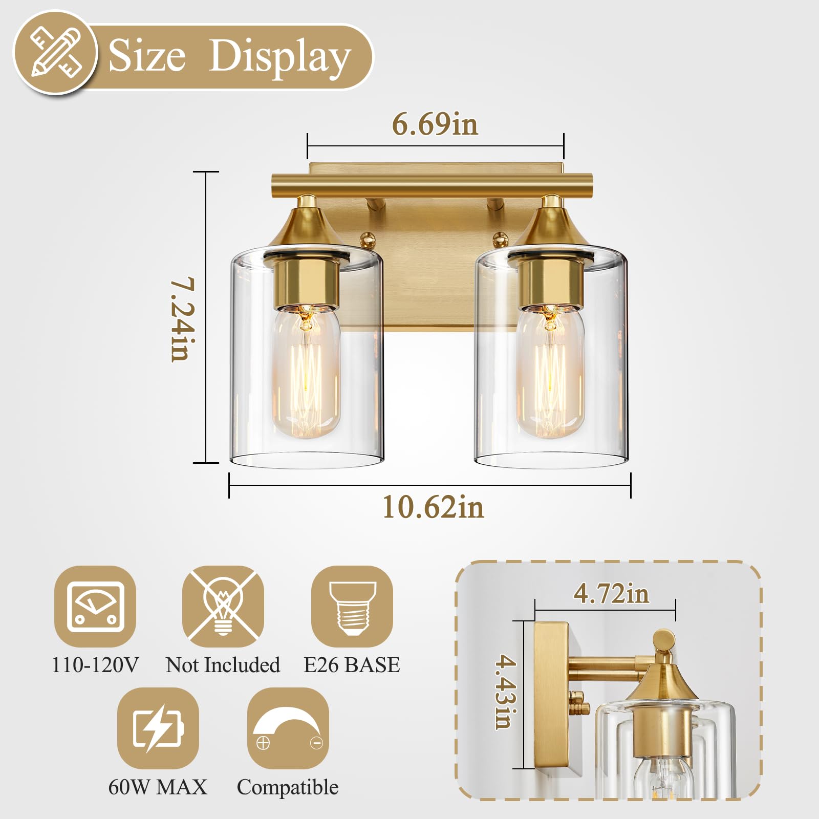 Xpehk Gold Vanity Lights For Bathroom,2-Light Bathroom Light Fixtures,Brushed Brass Gold Wall Sconce Lighting,Modern Wall Lamp F