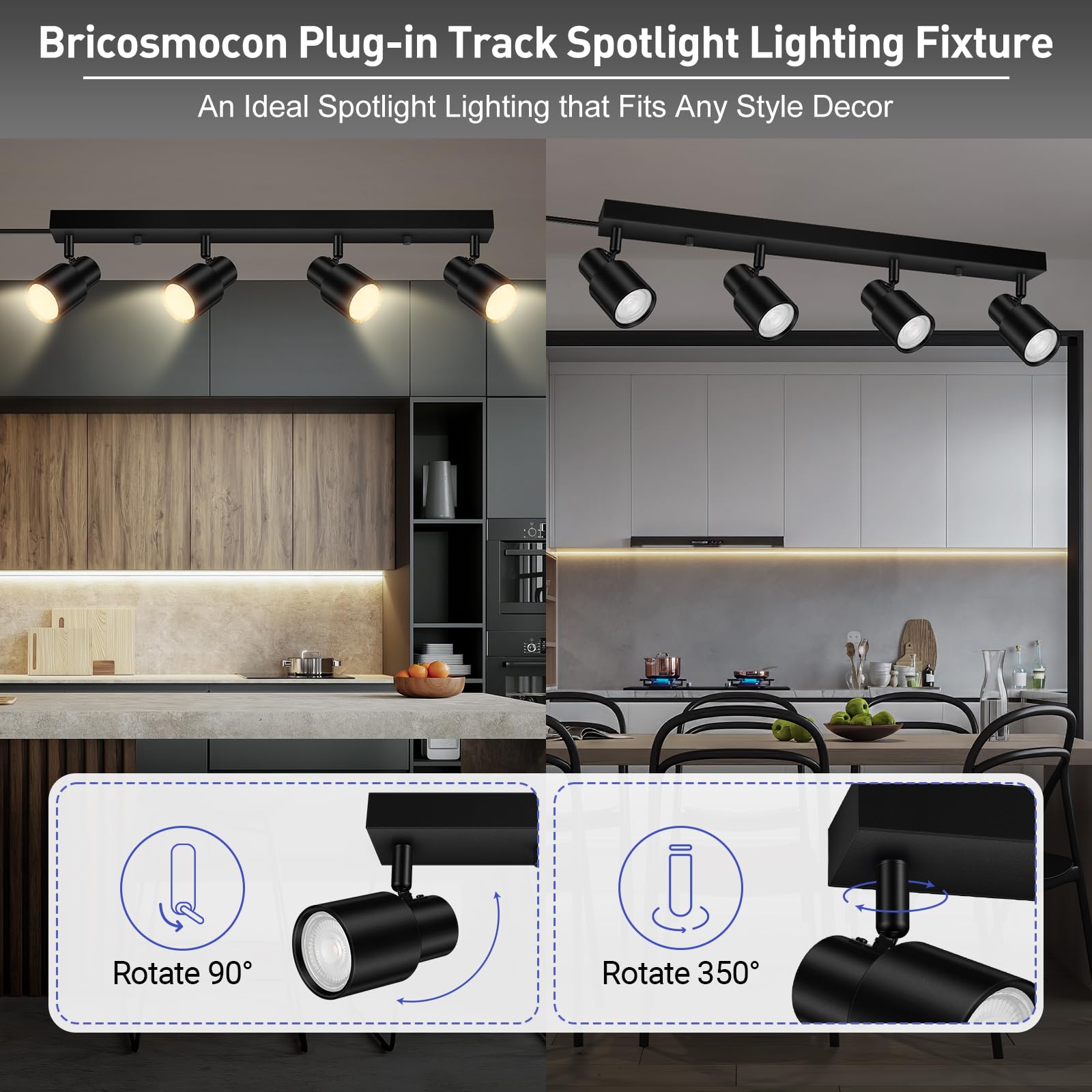 Track Lighting Plug In, 23'' Led Track Lighting Fixtures Ceiling, Black 4 Way Spotlight, Rotatable Track Head, Plug In Ceiling L