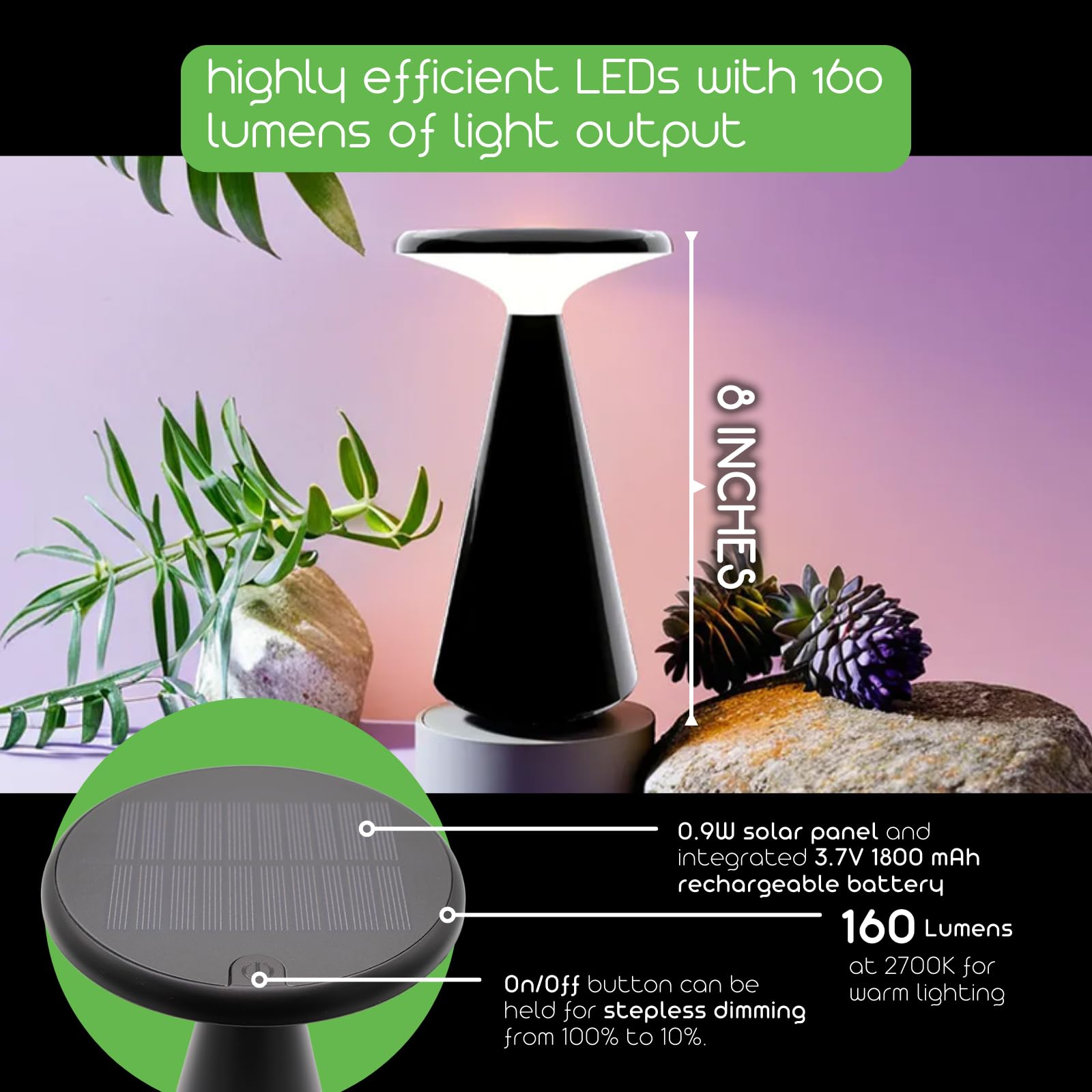 Verluce - Portable Solar Powered Mushroom Led Table Lamp - Indoor/Outdoor Use - Stepless Dimming - Up To 45 Hour Rechargeable Ba