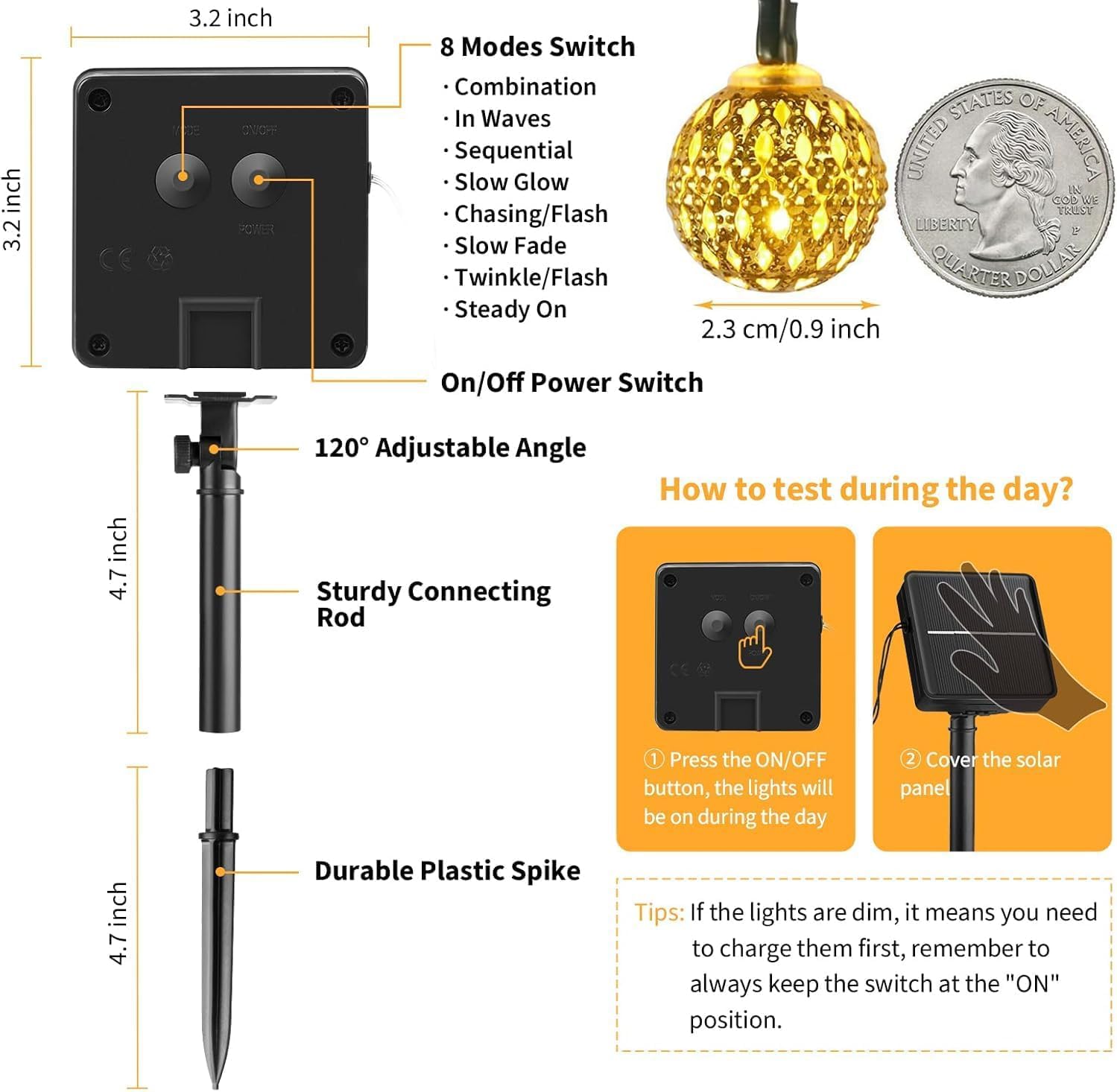 Brightown Solar Moroccan String Lights, 60 LED 36 Ft Waterproof Globe Fairy Lights, 8 Lighting Modes for Garden, Party, Holiday (Warm White)