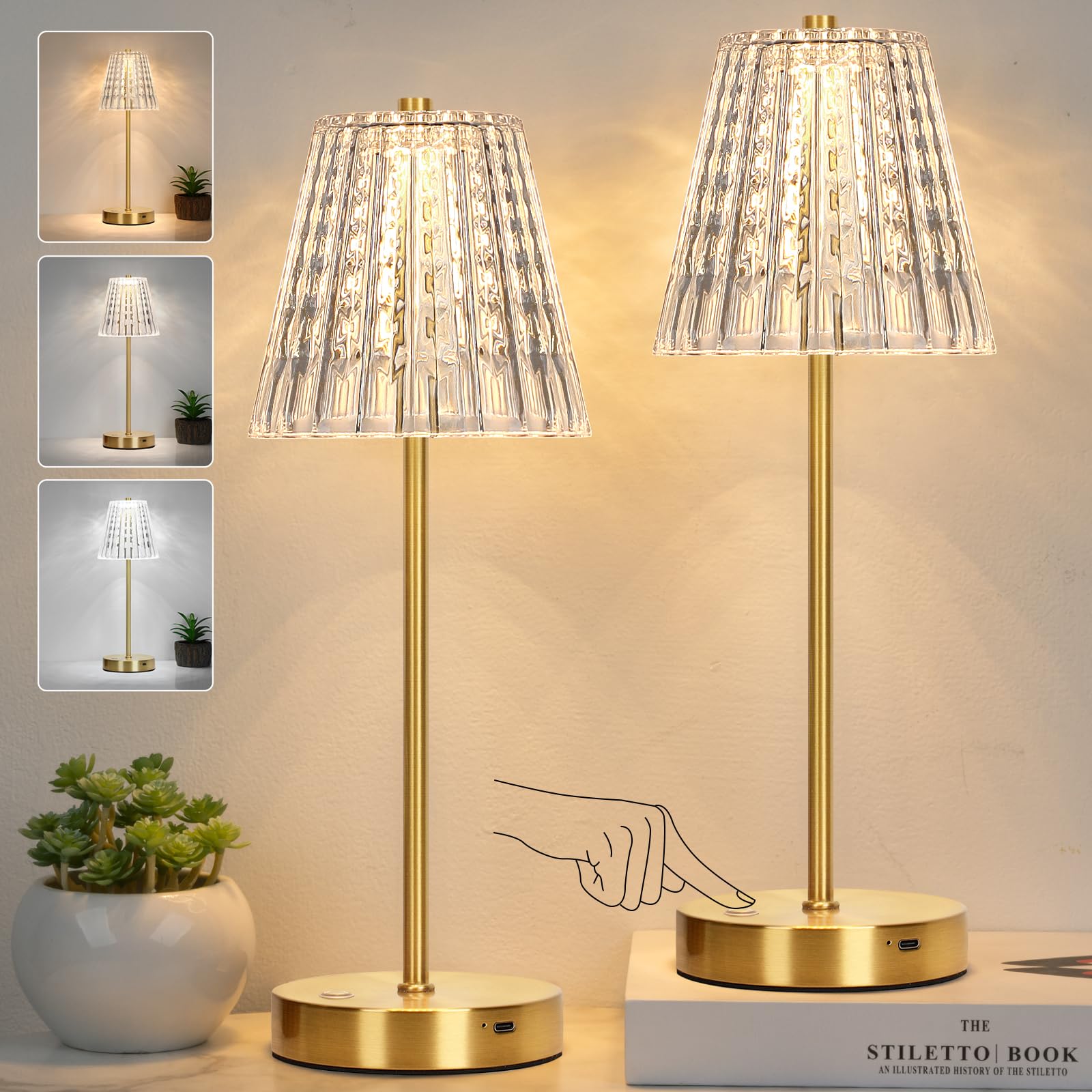 2024 NEW Bedside Table Lamp Set of 2, Fully Stepless Dimmable Vintage Crystal LED Touch Lamps with 3 Colors, Portable Rechargeab