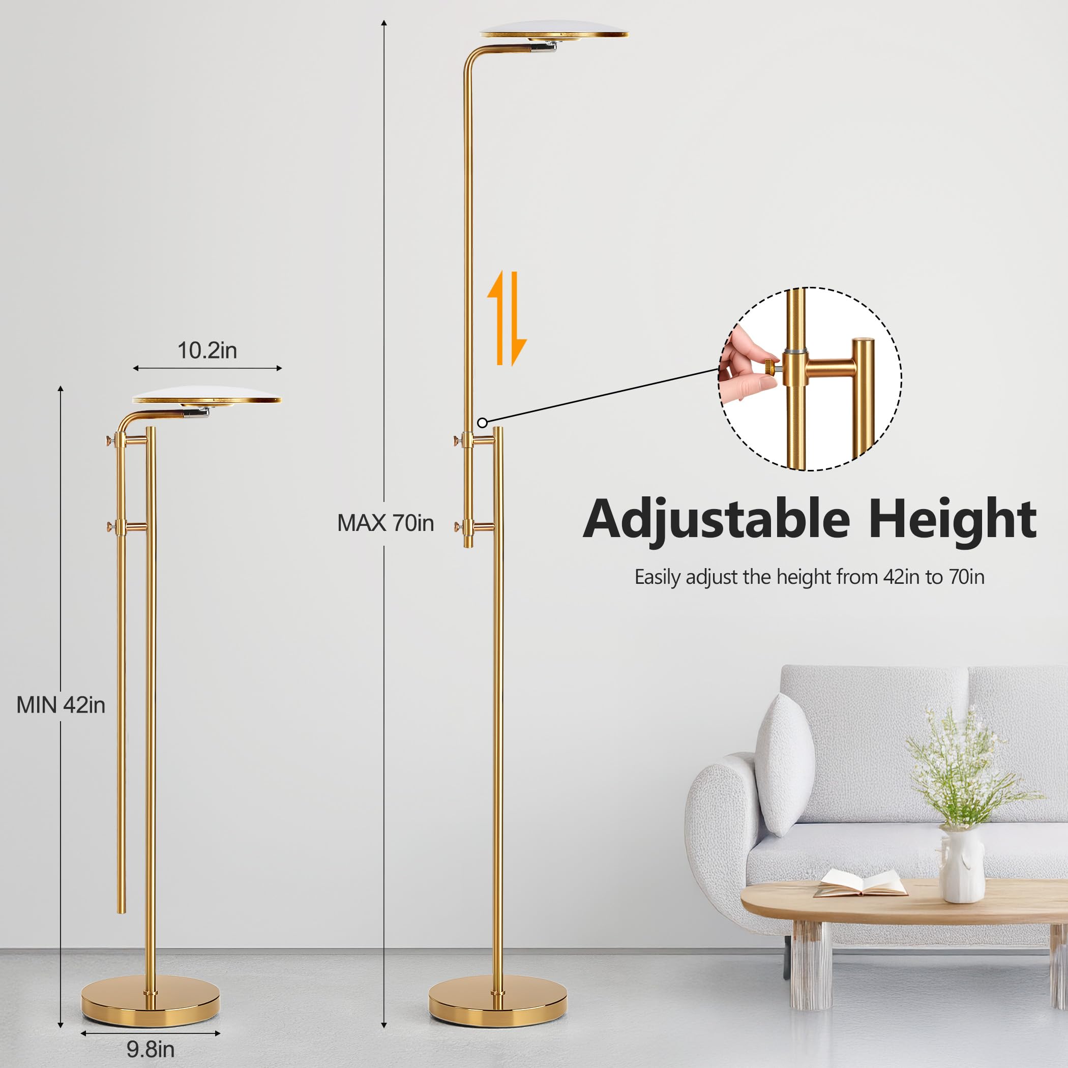 SUNMORY LED Floor Lamp - 32W/3000LM, Adjustable Gold Torchiere with Remote Control, Modern Design for Living Room & Bedroom, Model FLM-032-XS