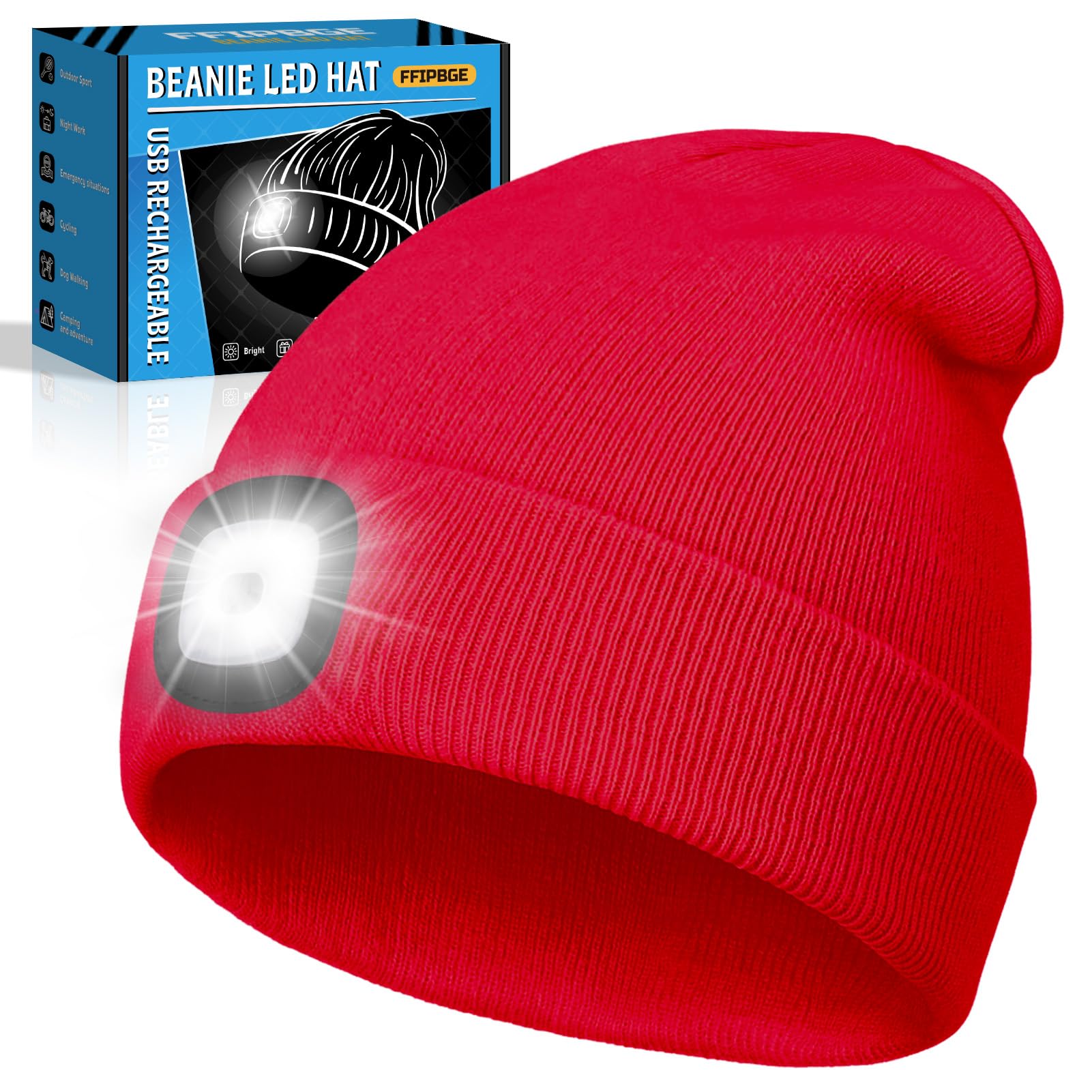 FFIPBGE Beanie Hat with Light, USB Rechargeable, One Size-Medium, Red, Model BHL2413, Ideal for Camping and Hiking