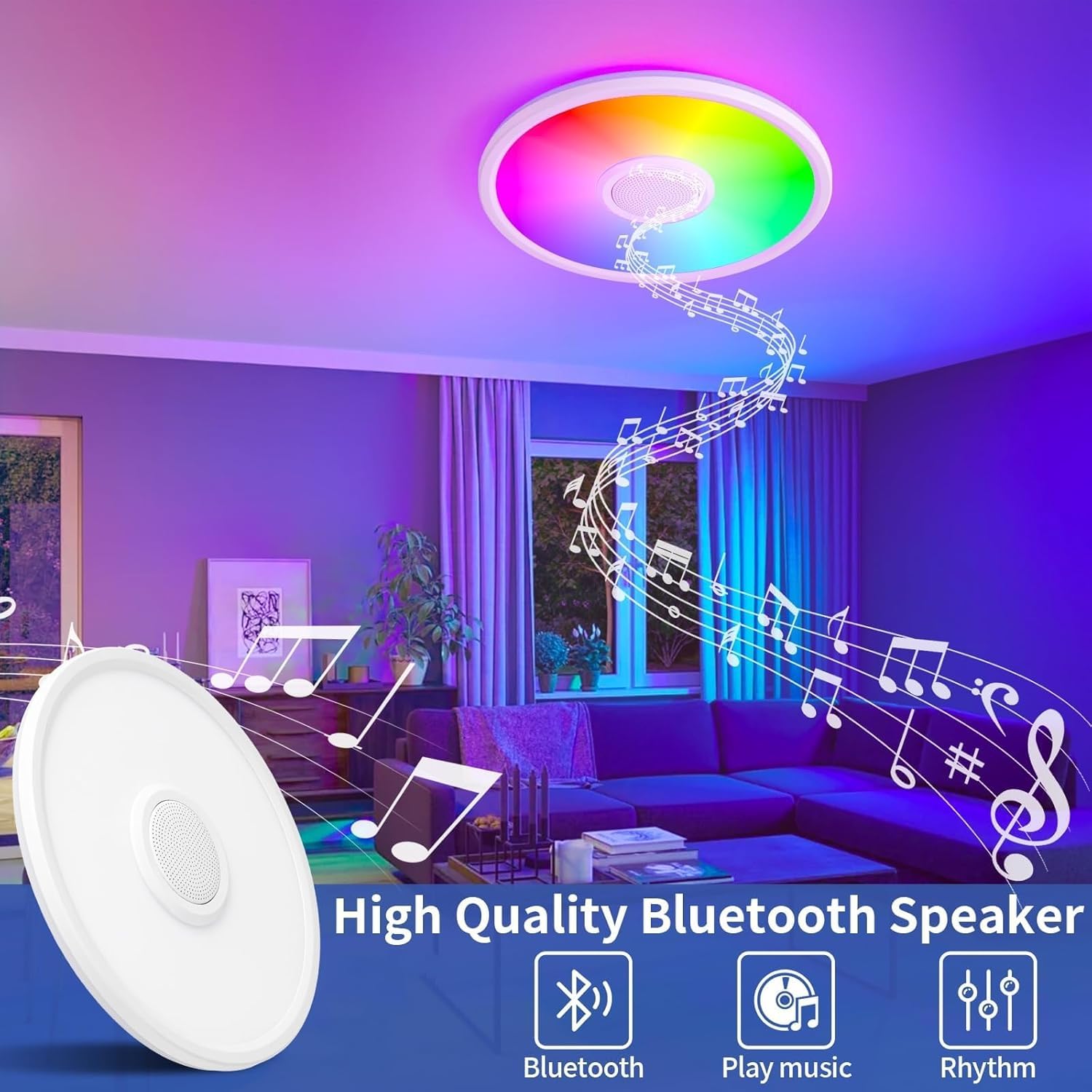 Uprizep Rgb Led Ceiling Light, With Bluetooth Speaker, 24W 12Inch Smart Music Ceiling Lamp With App And Remote Control, 3000K-65