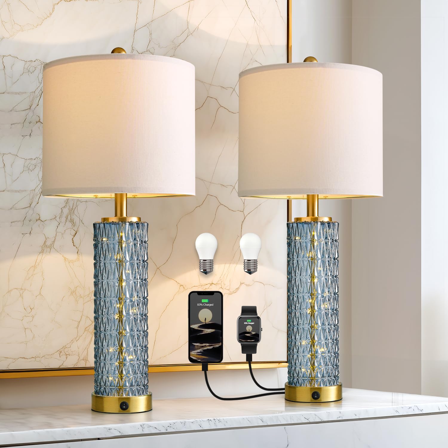 Oneach 27.75  Table Lamps Set of 2  Blue Modern Bedside Lamp with LED Night Light  USB A+C  Glass Lamps for Living Room  Bedroom  Nightstand  Office  End Table (2 Bulbs Included)