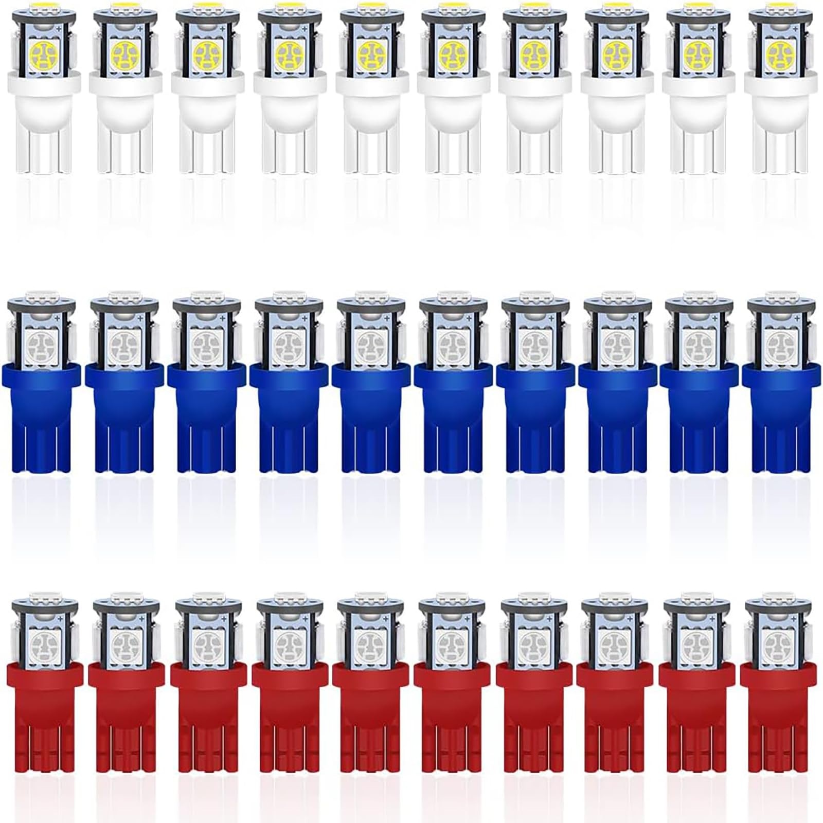 Alopee 30-Pack T10 LED Bulbs, 5SMD-5050, 12V DC, Mixed Colors for Car Interior Lighting