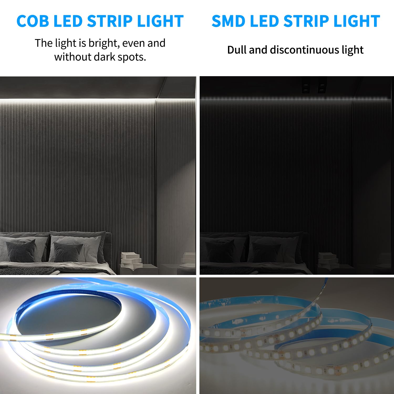 Yeewhale 100ft COB LED Strip Lights, Dimmable 6000K White, Flexible LED Tape Light with Remote and App Control, Model Yeewhale-100cobW01